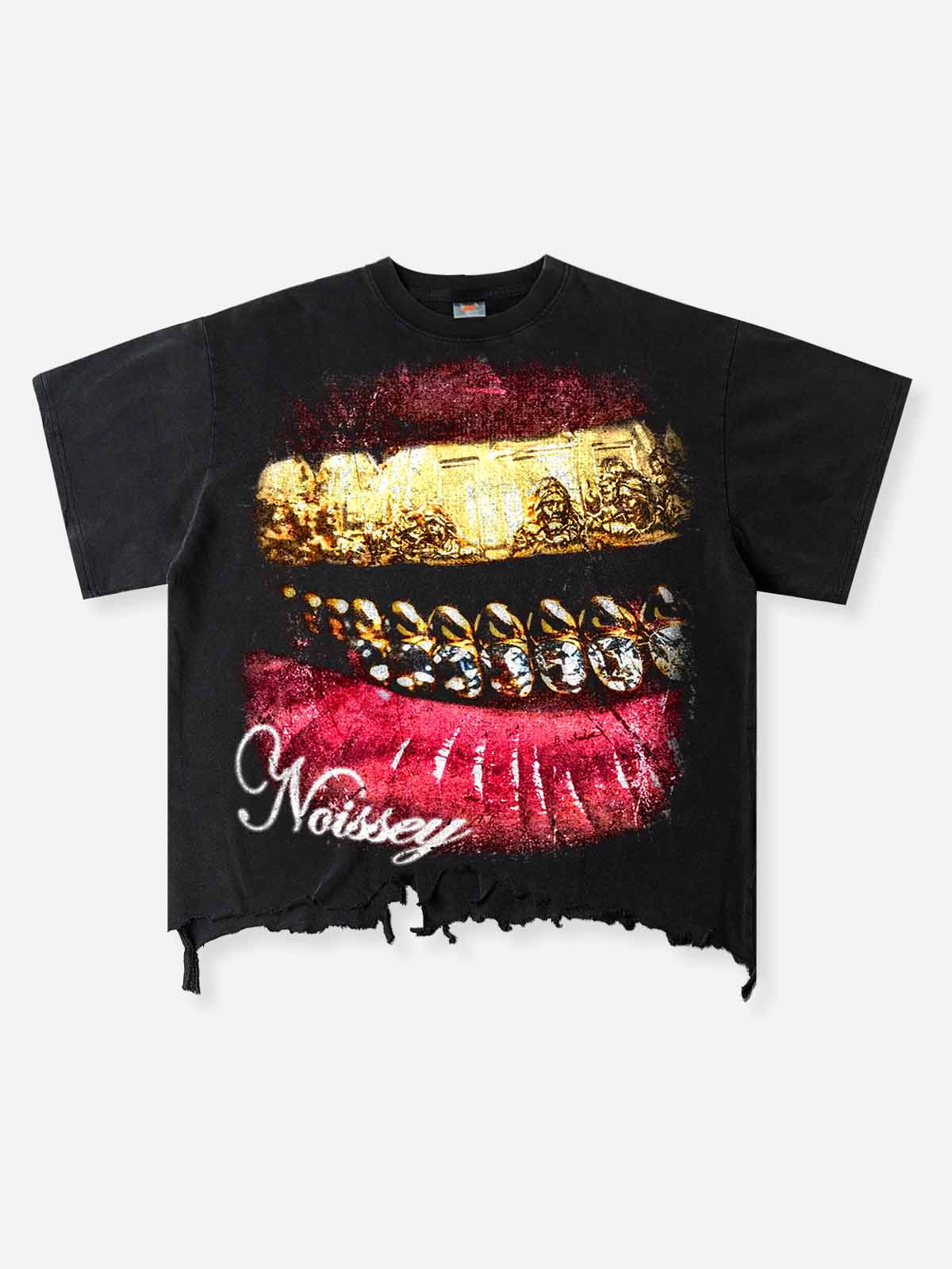 NOISSEY The Last Supper Grills & Lips Distressed Boxy T-Shirt - Washed Black
