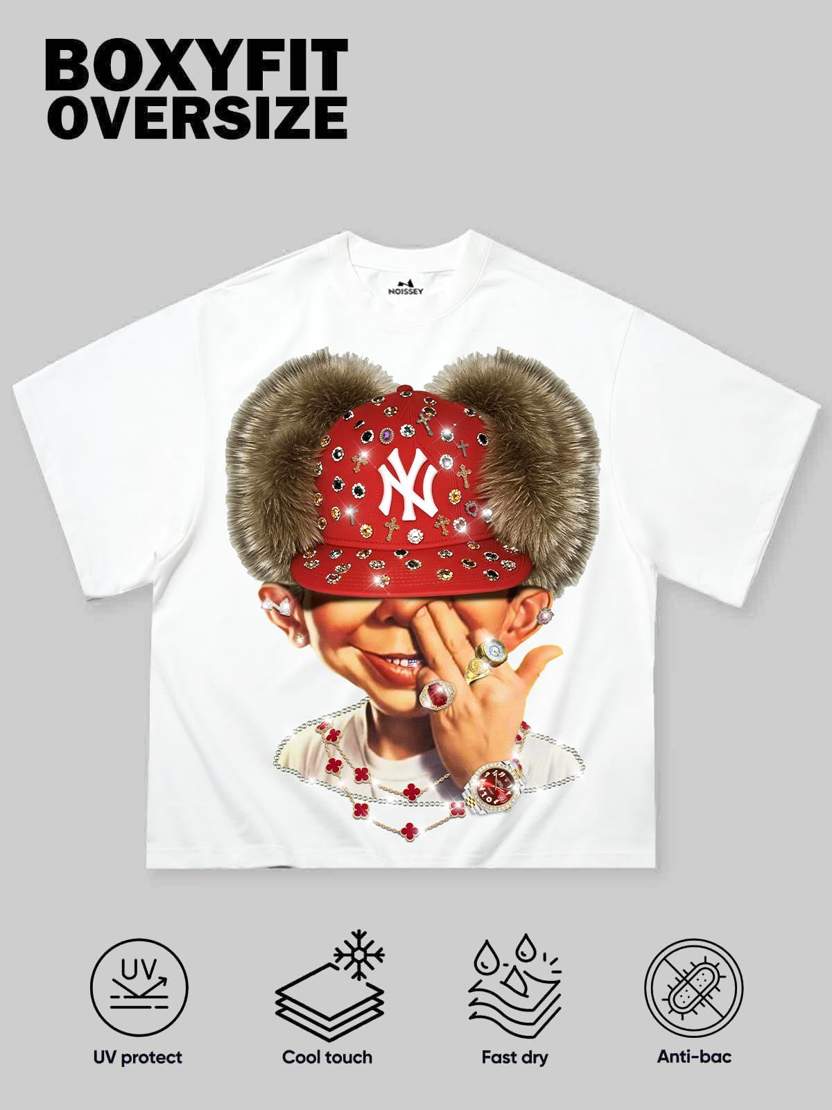 "Bad Boy" & Red Diamond Beanie Print Boxy oversized T-shirt