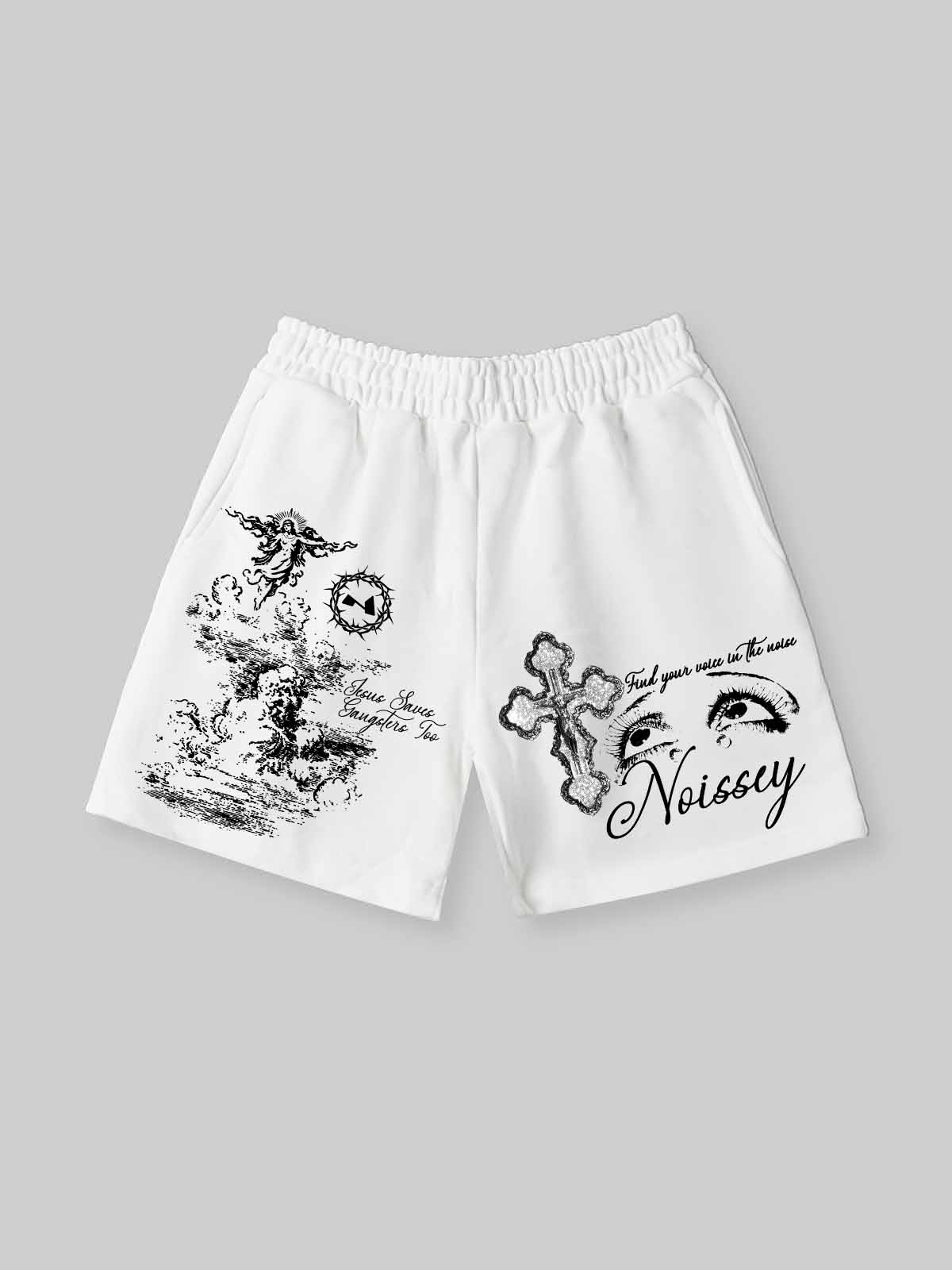 NOISSEY Sacred Redemption Religious Iconography Oversized Shorts - Arctic White