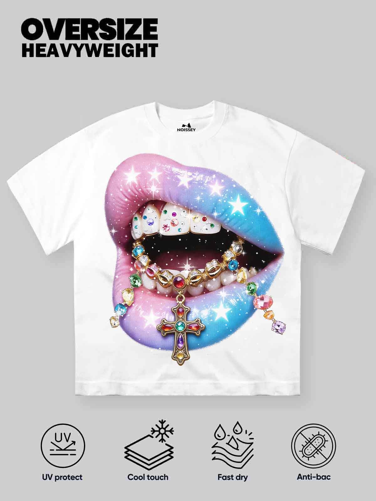 Pink-Blue Gradient Starry Sky with Lip-Adorned Glitter Art Print T-shirt