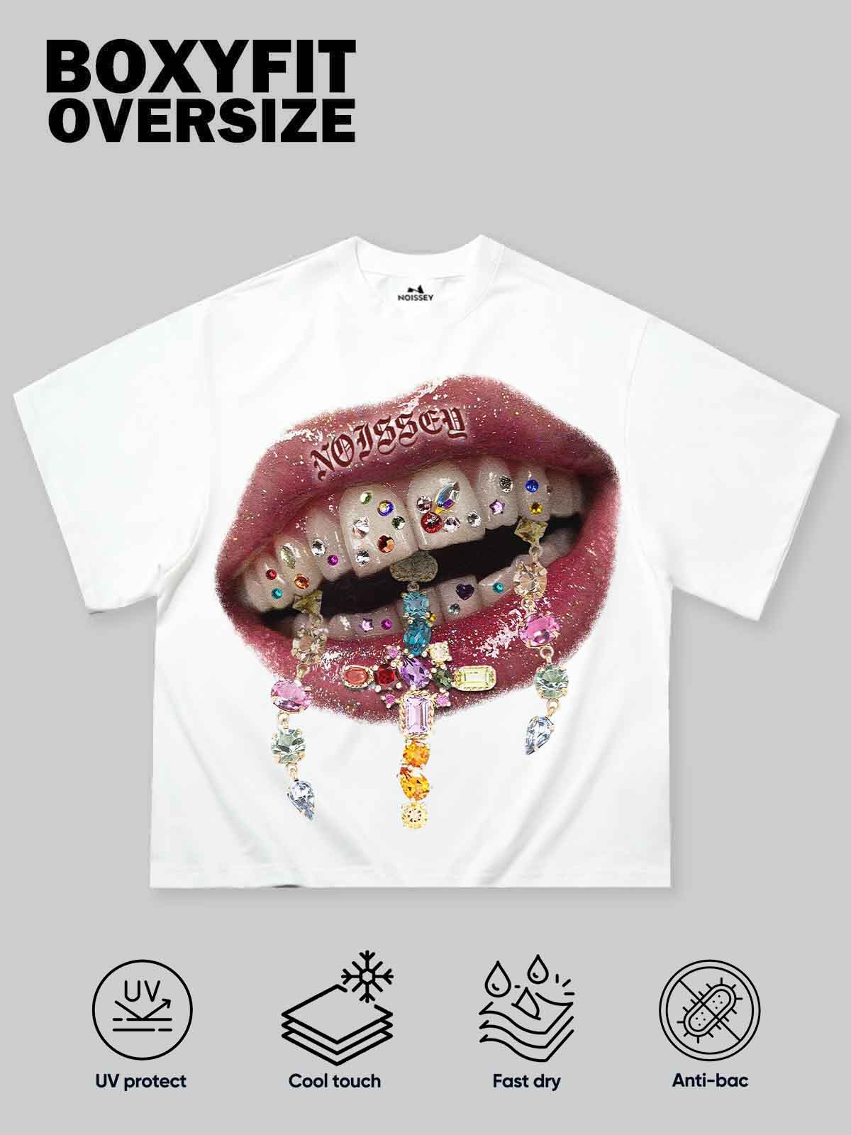 Boxy Oversized T-shirt Colorful Rhinestone Cross Art Tooth Decal Print