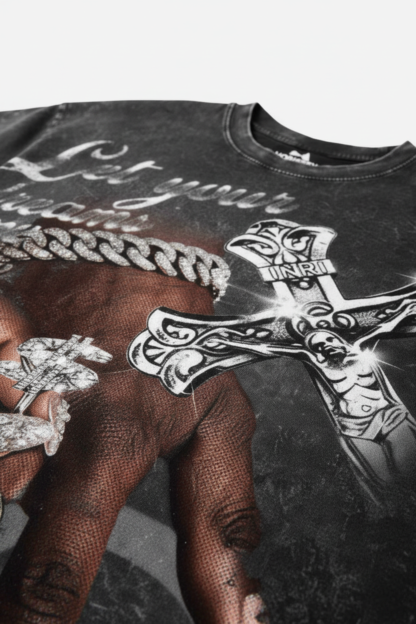NOISSEY "True Dreams" Shimmering Crucifix & Dollar Ring Vintage Washed Tee