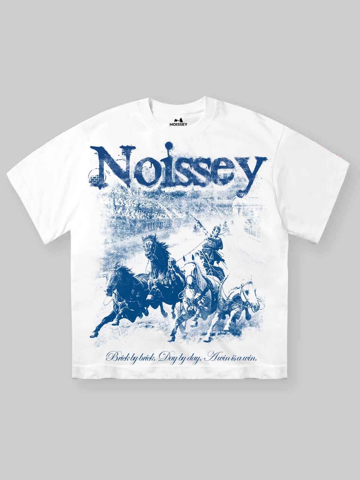 NOISSEY "A Win is a Win" Chariot Horses Vintage Graphic Little Oversize Tee - White