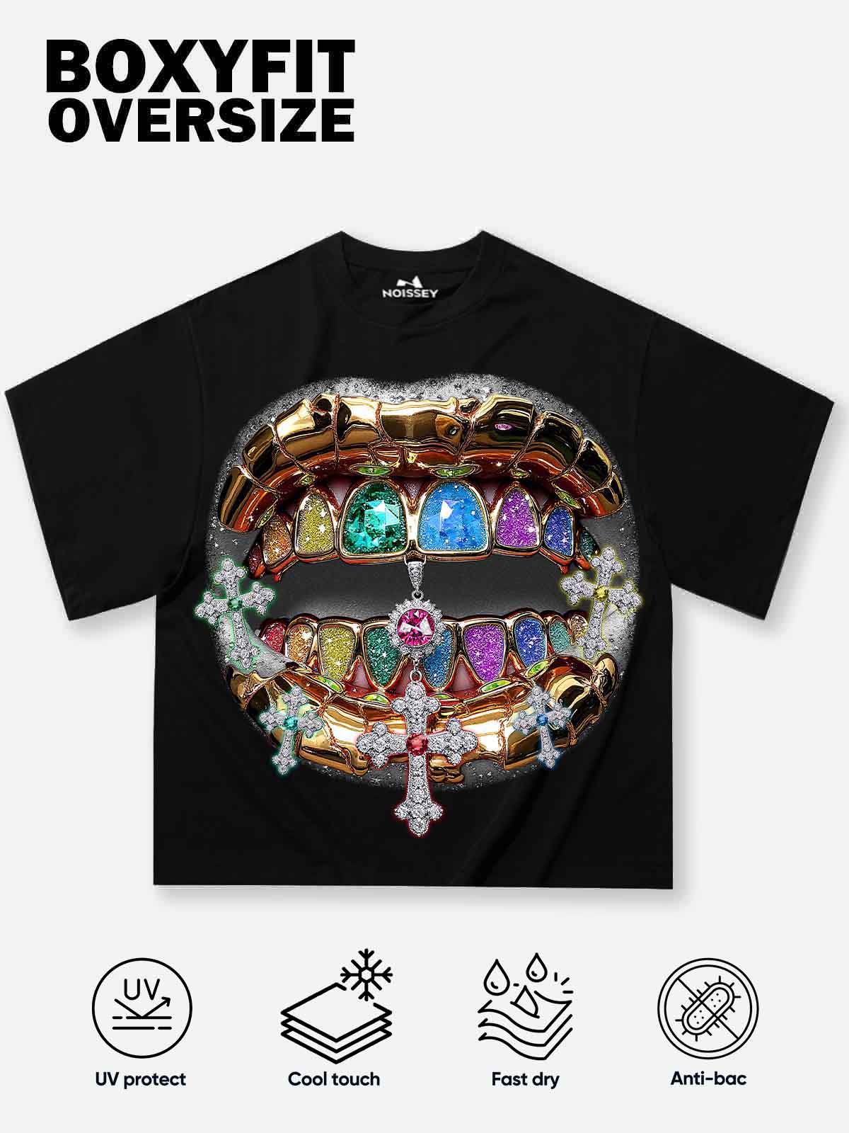 Boxy Oversized T-Shirt with Metal Colored Gem Grills Diamond Cross Print