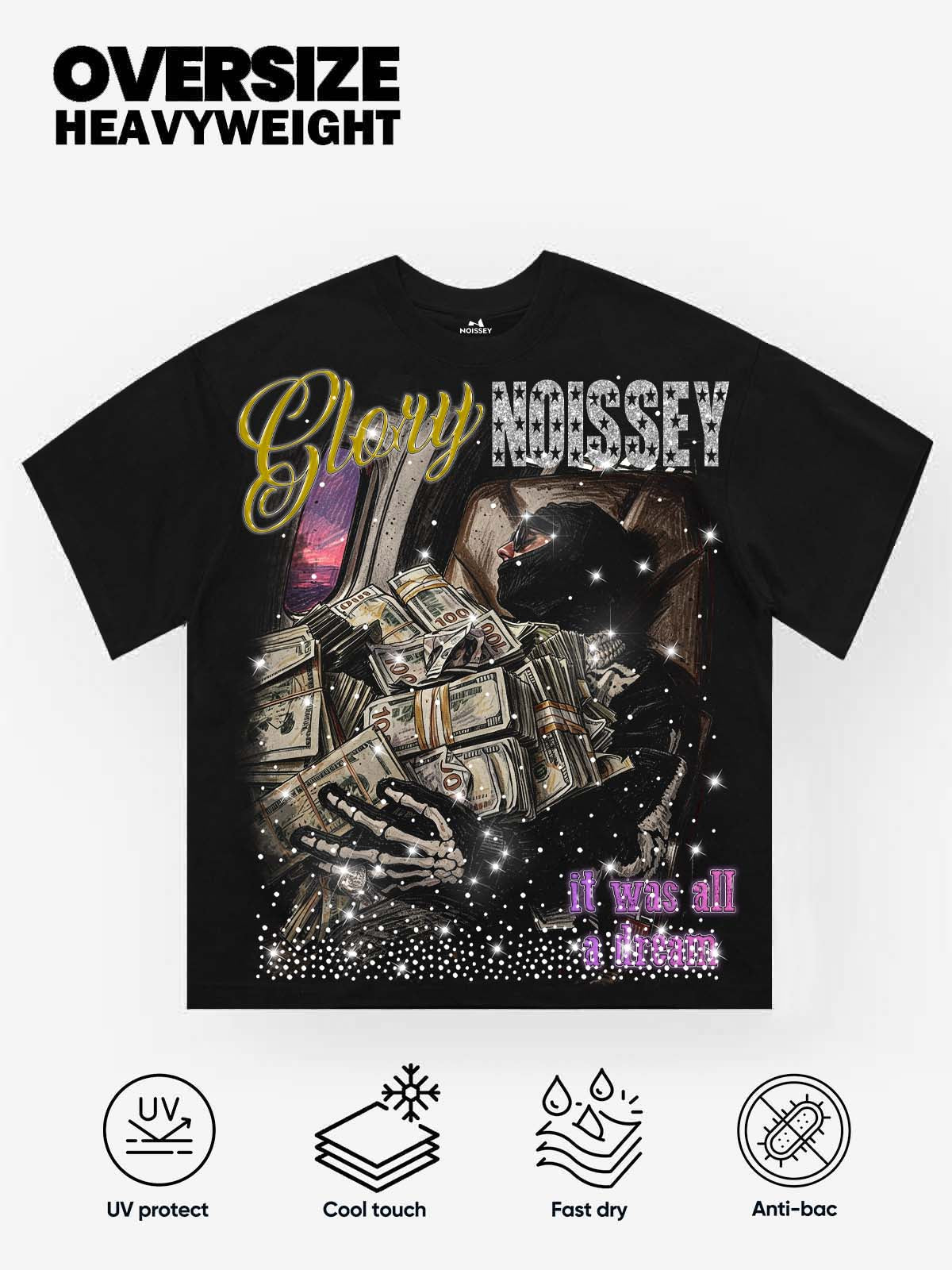 NOISSEY "Glory Dream" Private Jet Cash Skeleton Rhinestone Oversized Tee