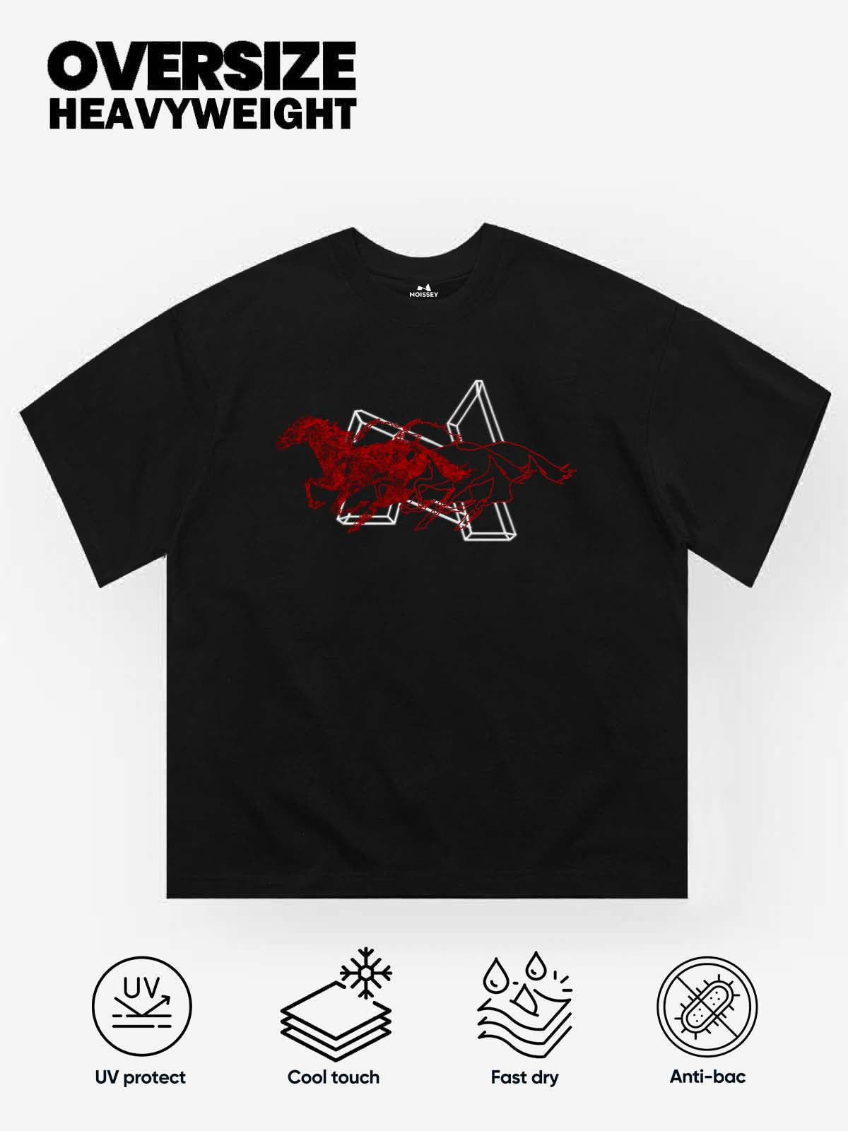 NOISSEY "Chrono Geometry" Overlapping Crimson Outlined Horse Geometric Oversized Tee