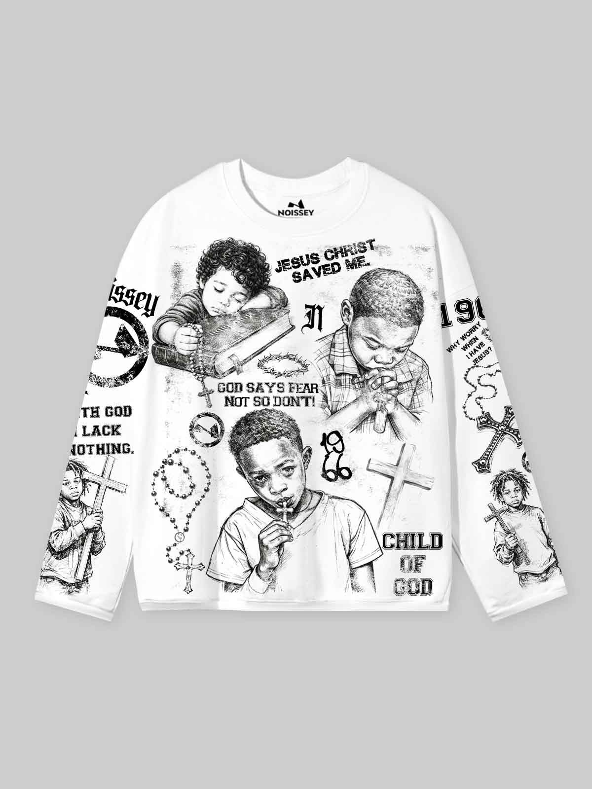 NOISSEY "Child of God" Praying Children Sketch Graphic Long-Sleeve Tee - Pure White
