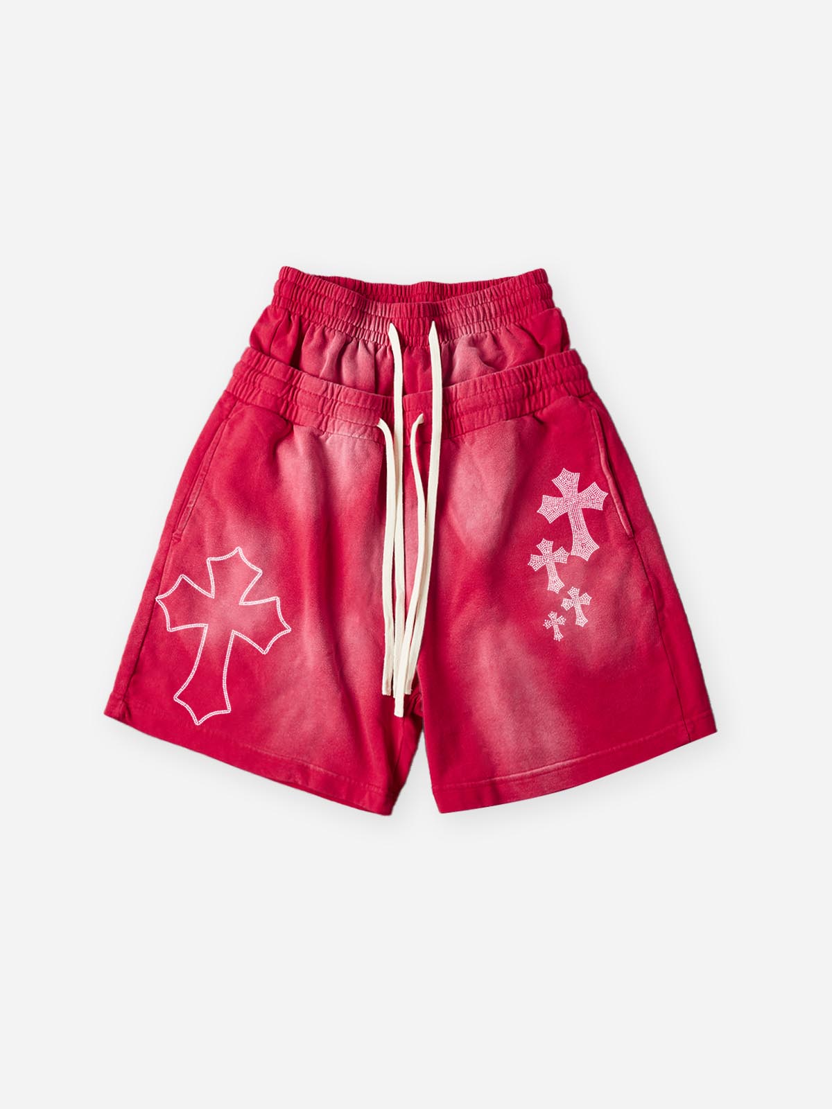 NOISSEY Heavy Sweat Shorts with Rhinestone Gothic Cross - 4 Colors Available