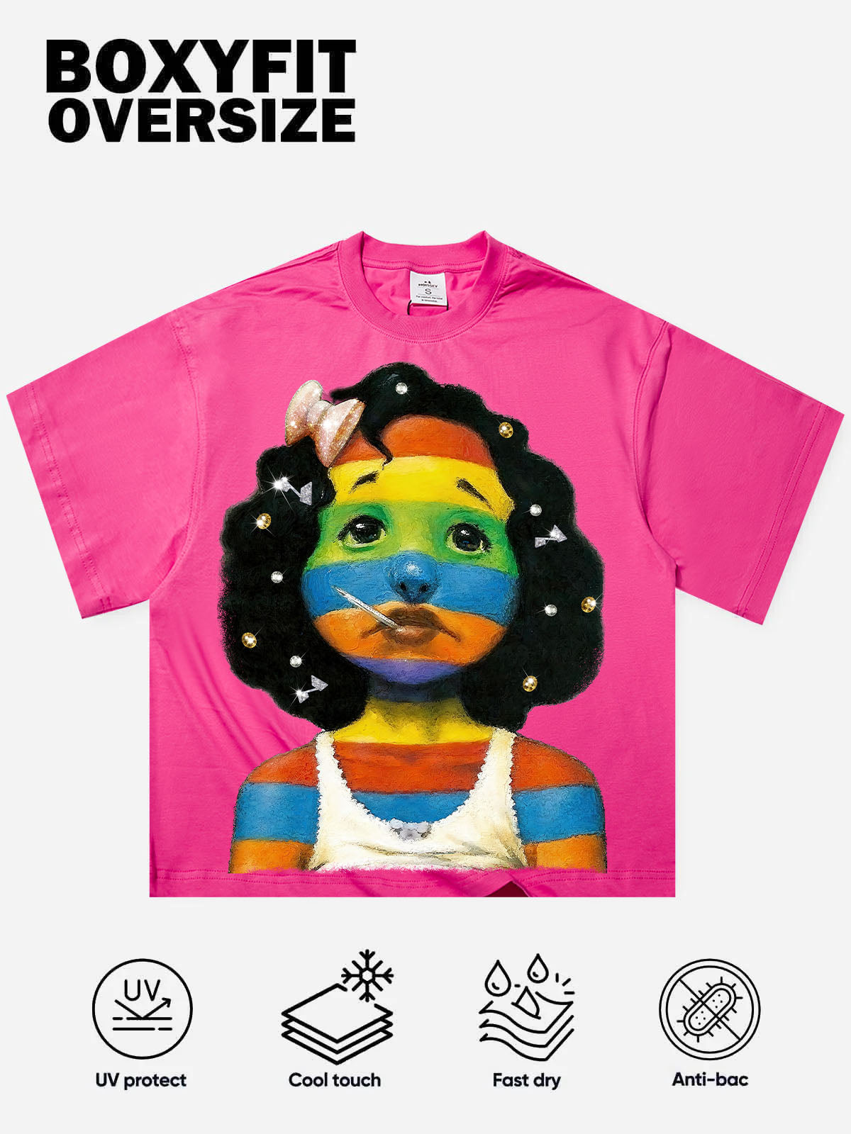 Colorful Striped Girl Art Print Boxy Oversized T-shirt