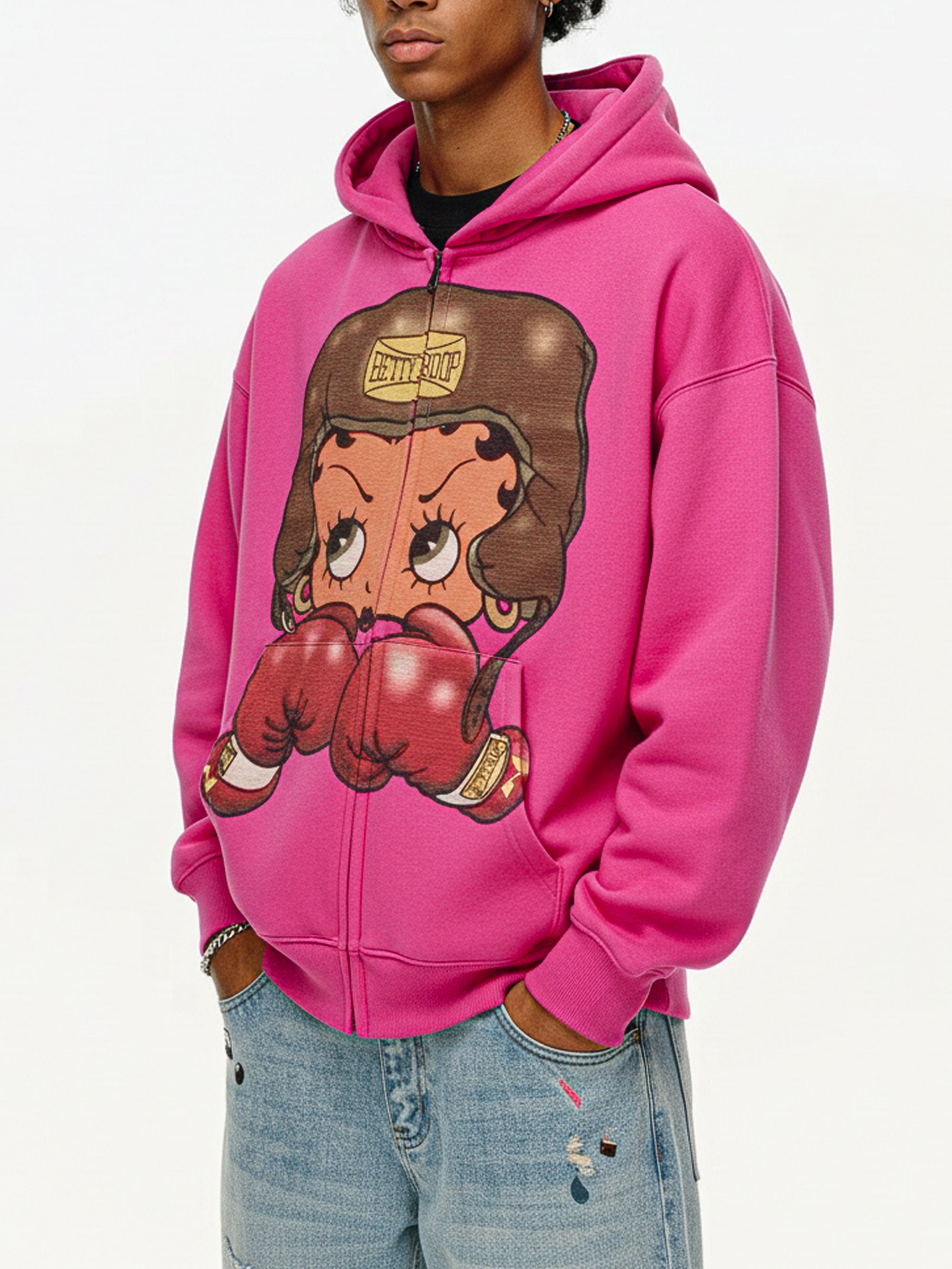Vintage Betty Boop Boxing Graphic Hoodie - Y2K Aesthetic Boxy Zip-Up