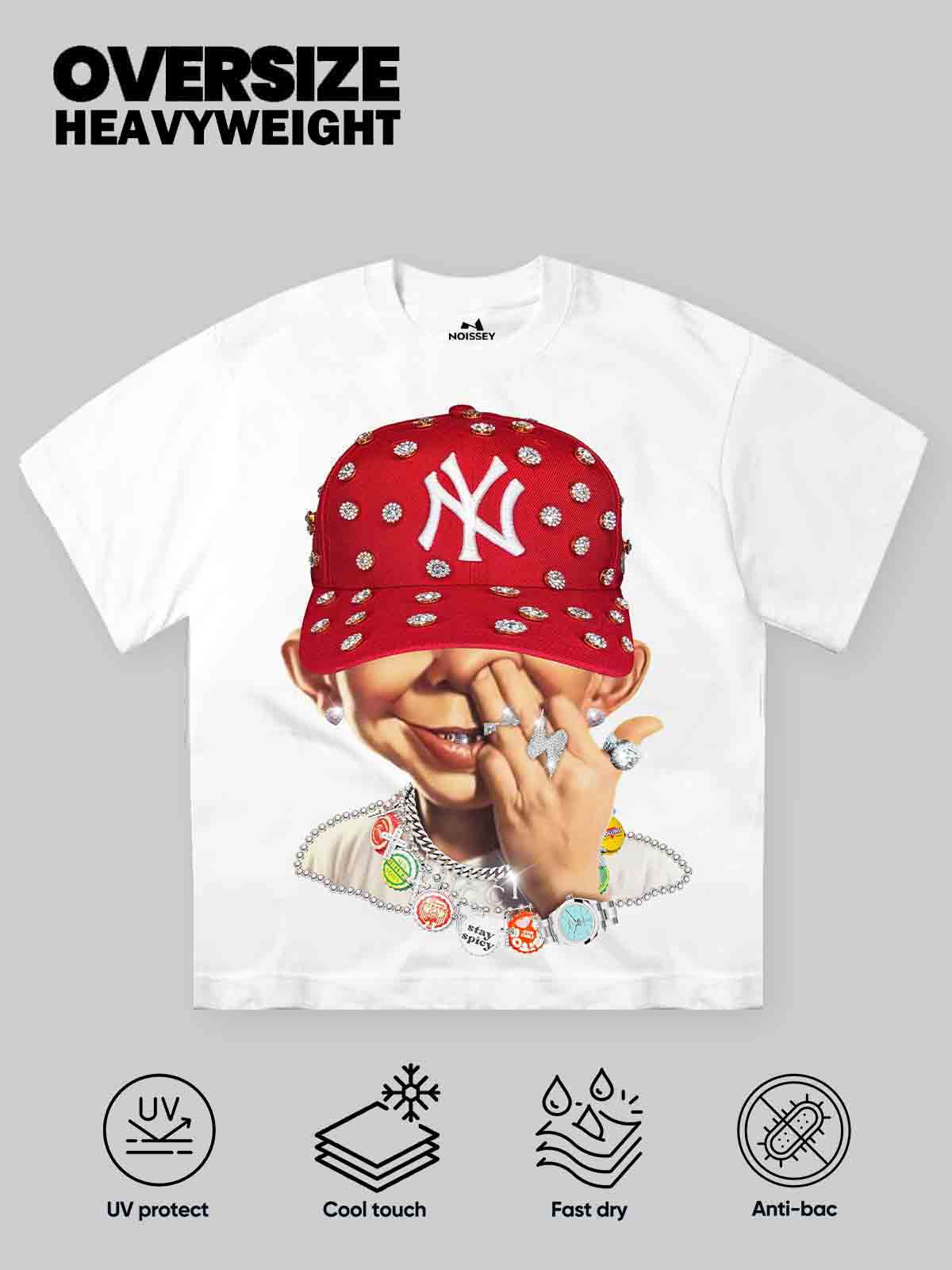 NOISSEY "Bad Boy Red Snapback" Tee - Clean White 260G Heavyweight Little Oversized Streetwear T-Shirt