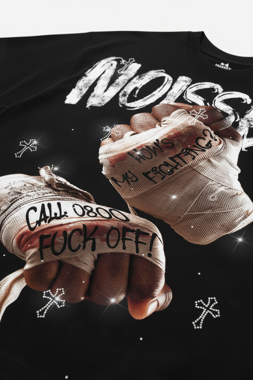 NOISSEY "How's My Fighting" Boxing Bandage Cross Graphic DIY Rhinestone T-Shirt
