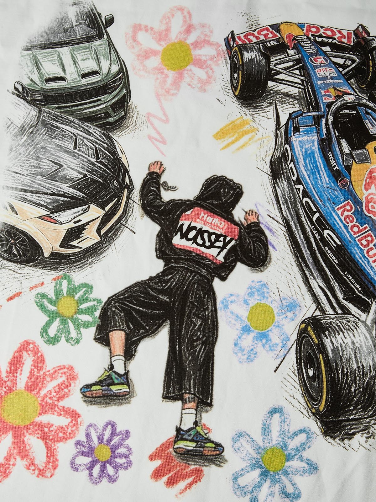 NOISSEY Falling Stars Motorsport Graffiti Art Long Sleeve Tee - White