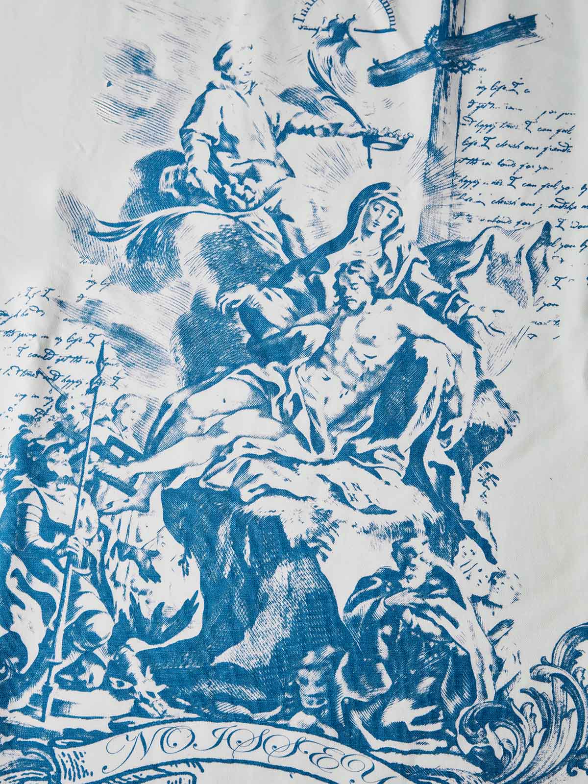 NOISSEY Blue Pieta Religious Woodcut Print Long Sleeve T-Shirt - White