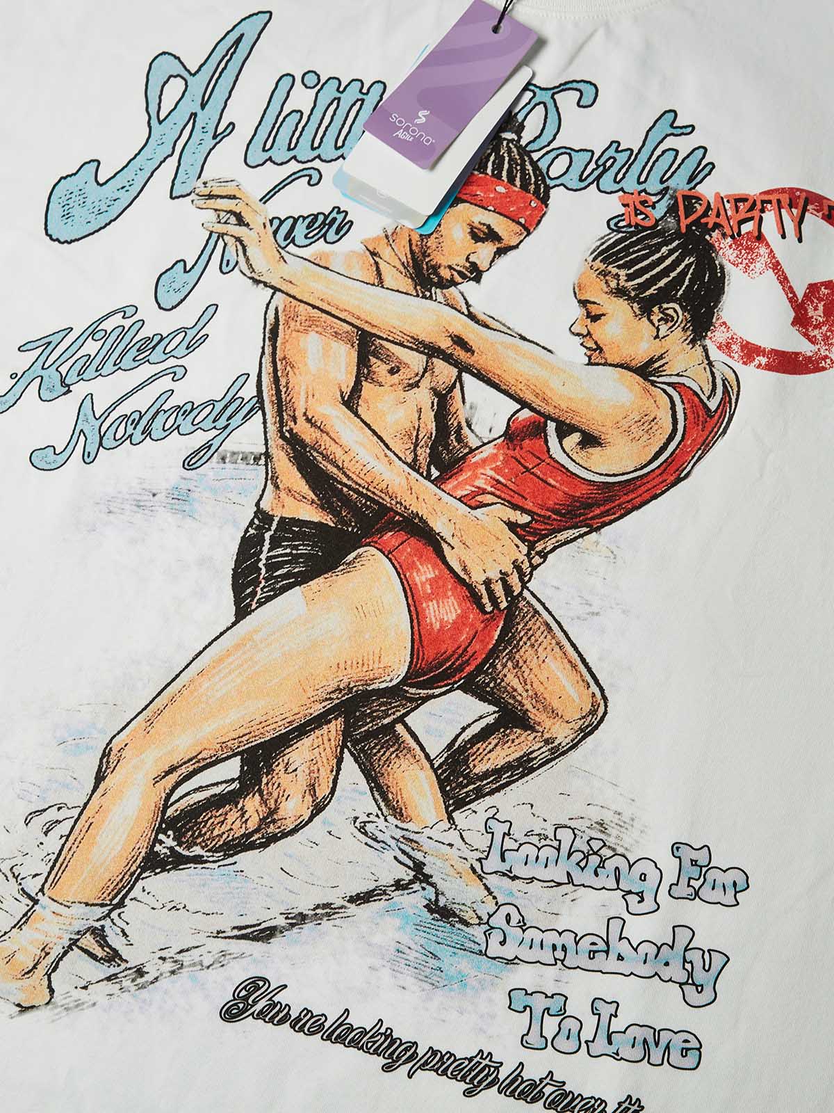 NOISSEY Vintage Poolside Couple Dancing Painting Art Print Short Sleeve T-Shirt - White