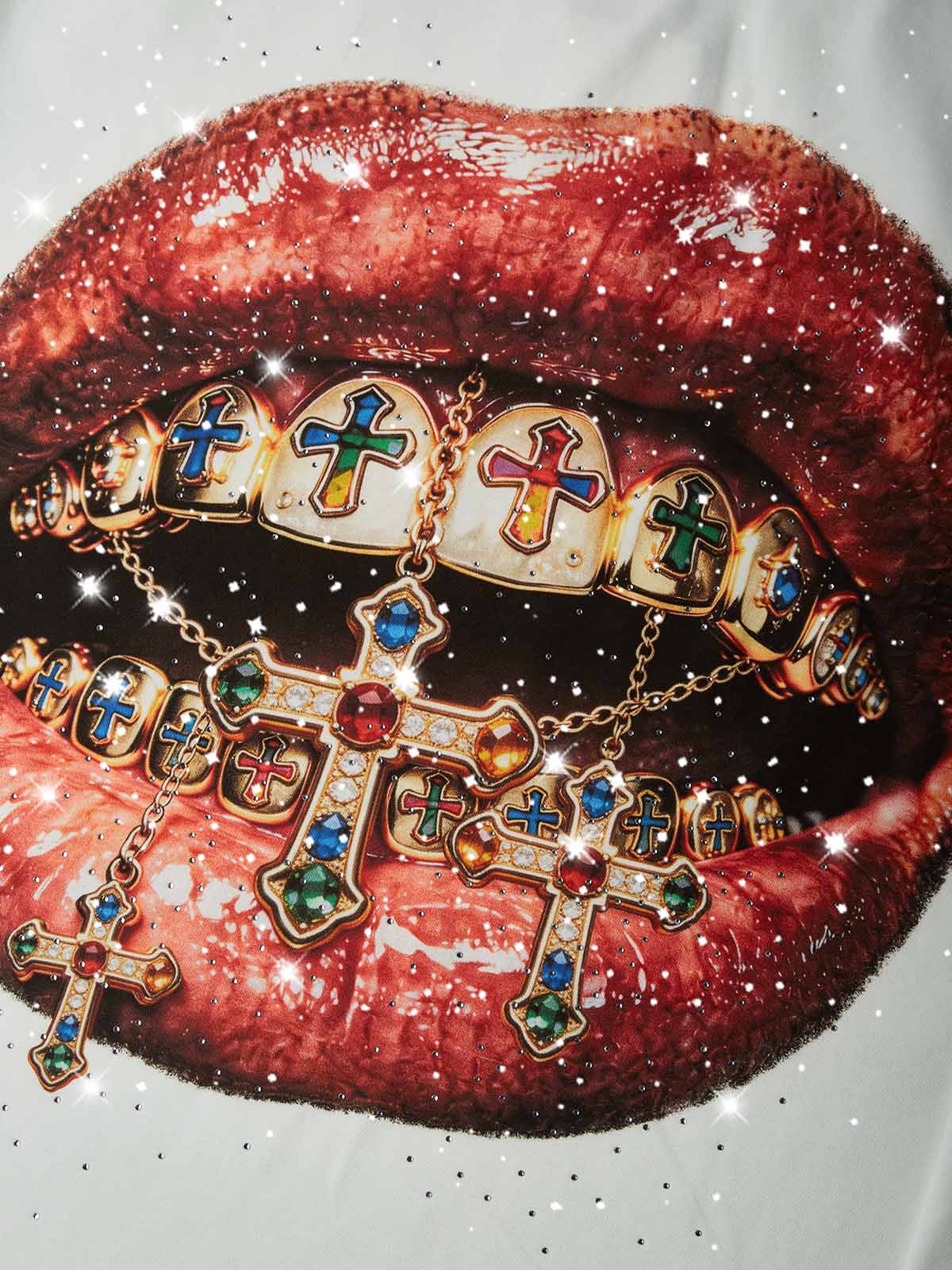 NOISSEY "Gemstone Grillz" White Sweatshirt - Rhinestone Graphic Pullover