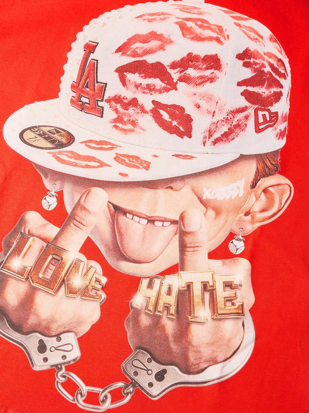 NOISSEY "LOVE HATE" Red Tee - Boxy Cartoon Print T-Shirt
