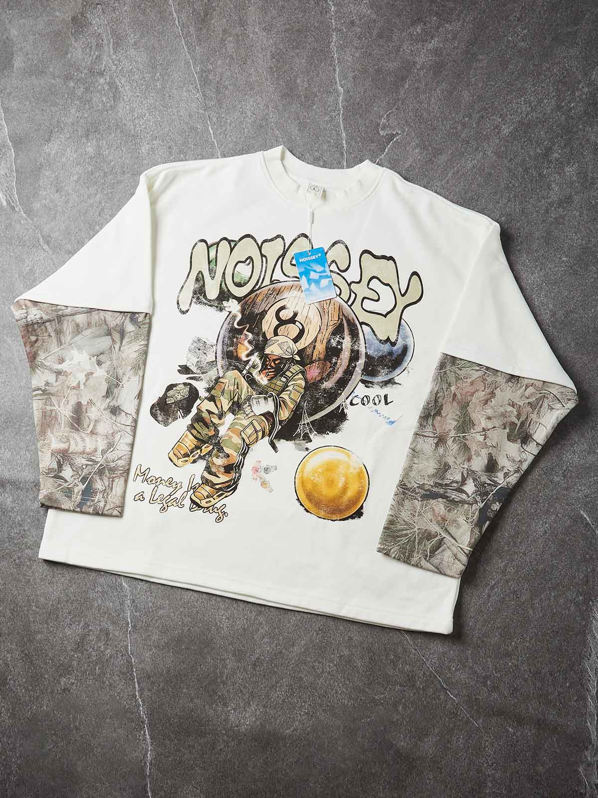 NOISSEY "Money is a Legal Drug" Camo Splice Sweatshirt - Premium Bone White