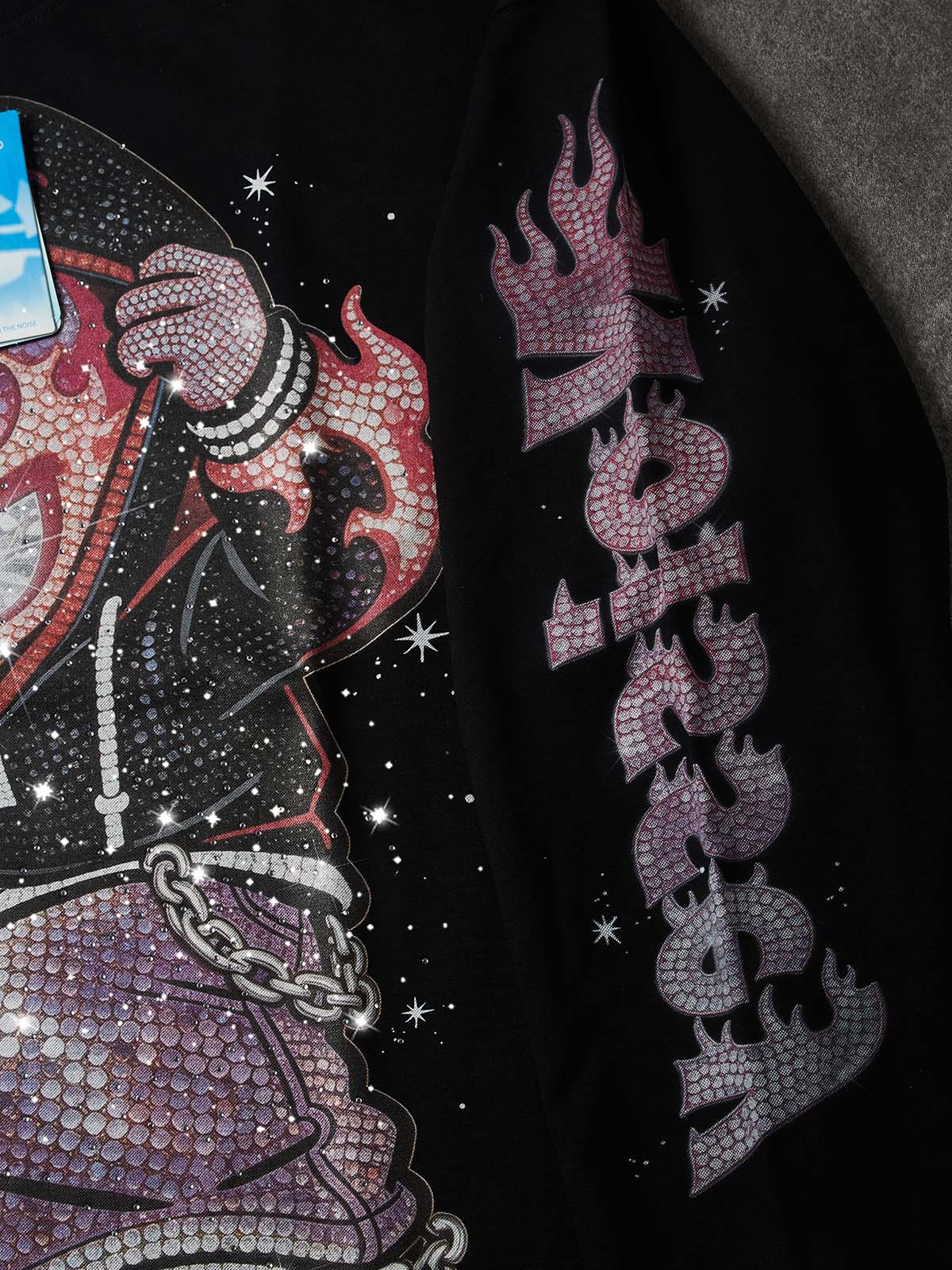 NOISSEY "Flame Kid" Pink-Purple Full-Rhinestone Long Sleeve - Heavyweight Black
