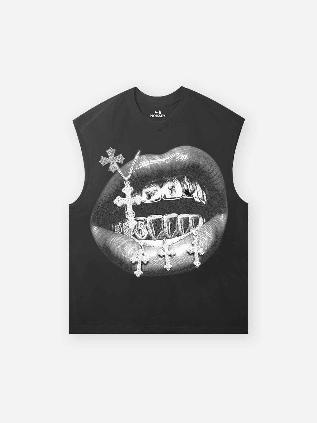 NOISSEY Cross Vintage Grills Black Print Tank Top