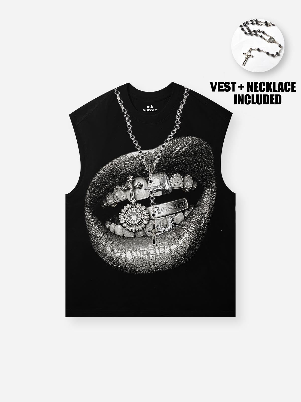 NOISSEY "Iced Grillz" Lip Graphic Boxy Vest (DIY Necklace) - Black Tank Top