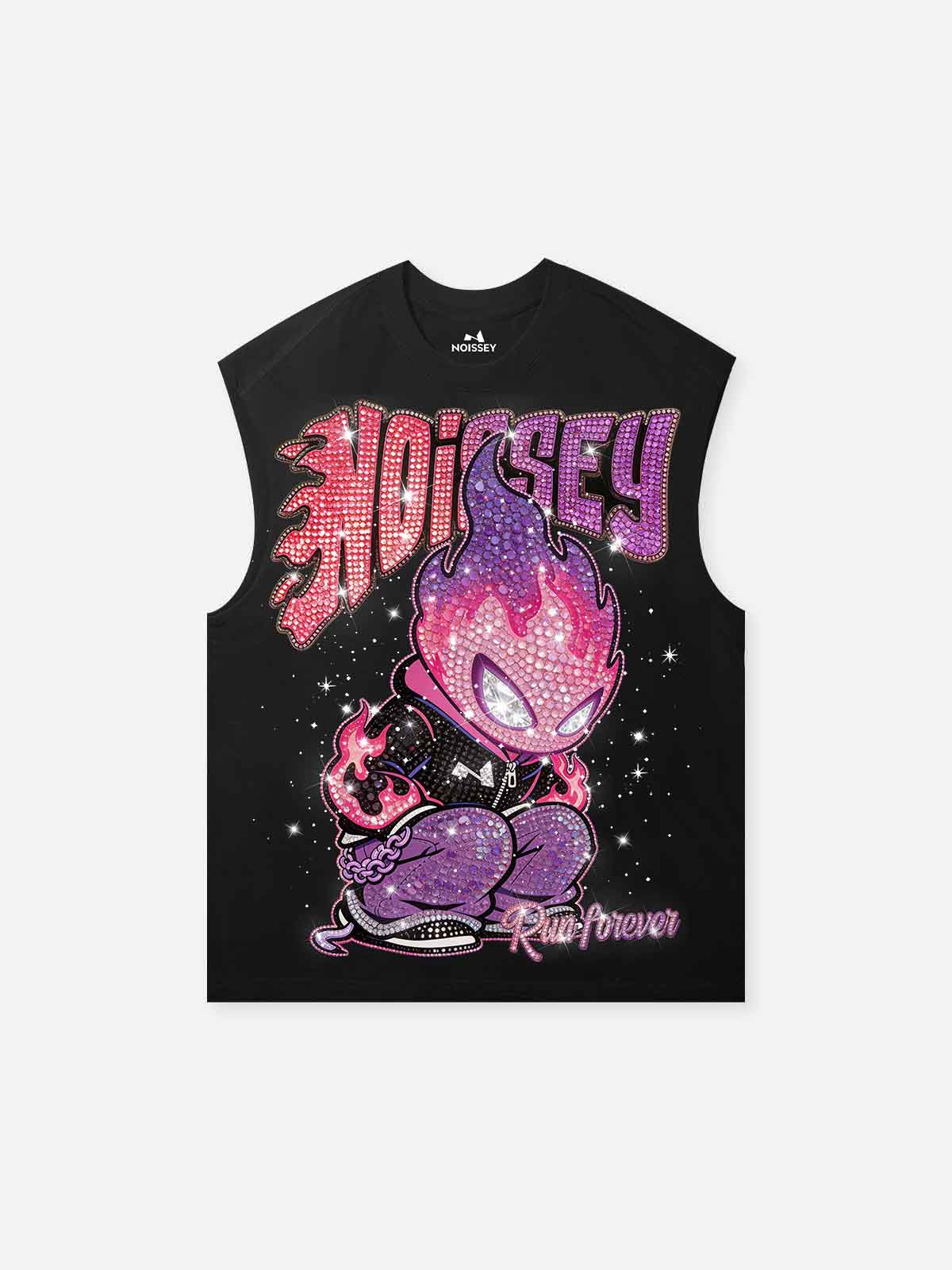 NOISSEY Run Forever Full-Rhinestone Flame Character Tank Top - Phantom Black