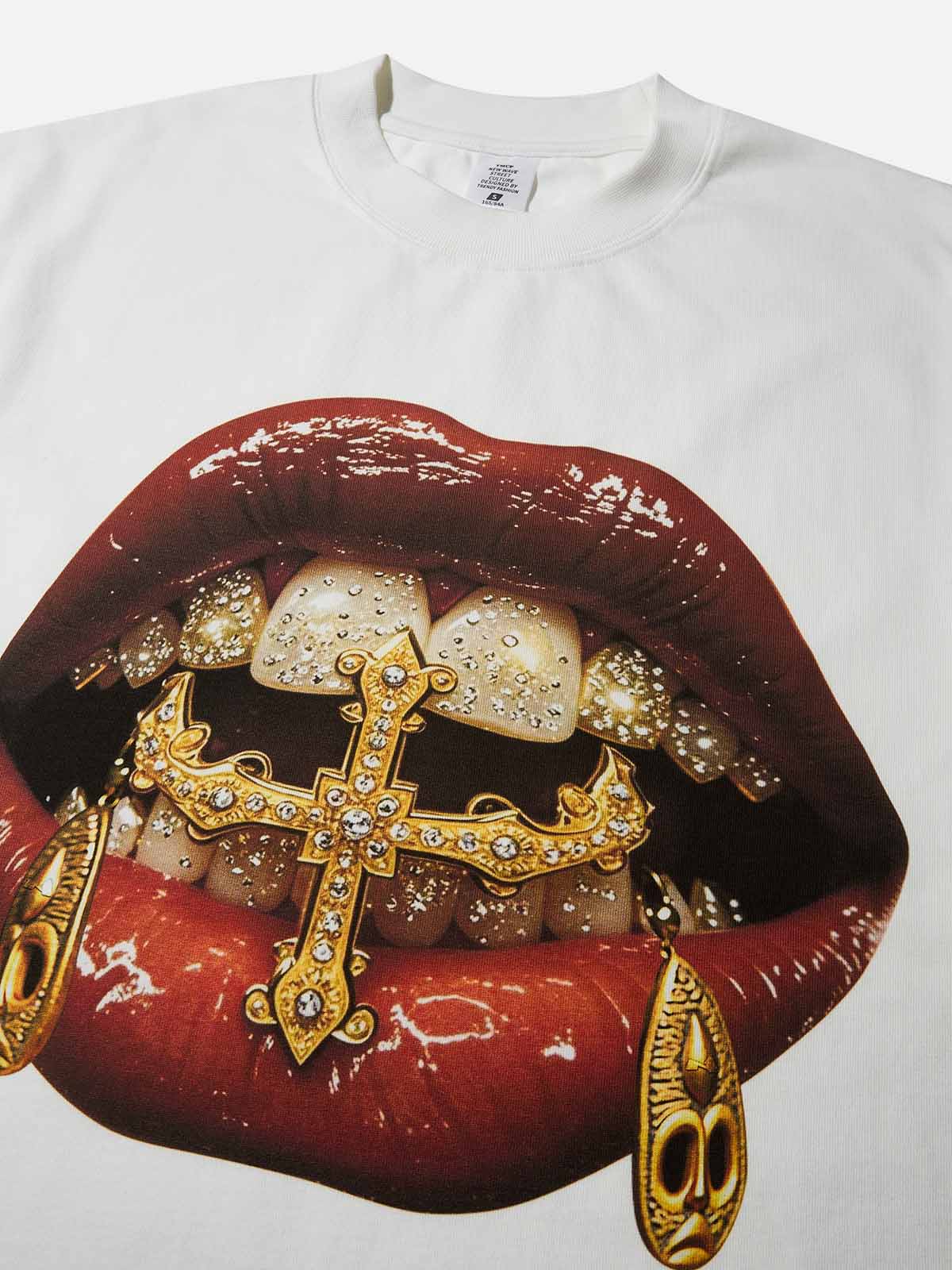 Gold Diamond Ring and Mask Culture Lip Print Tank Top