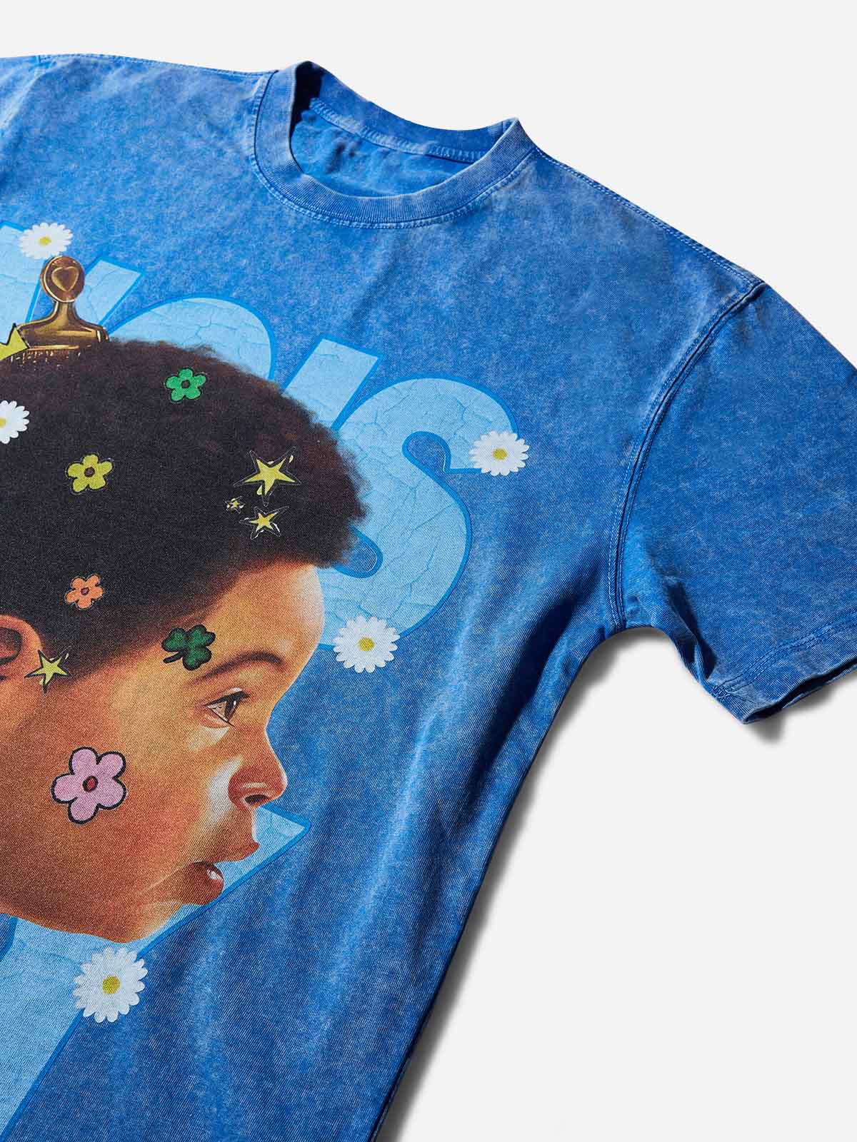 Kid-fun Washed Blue Printed T-shirt