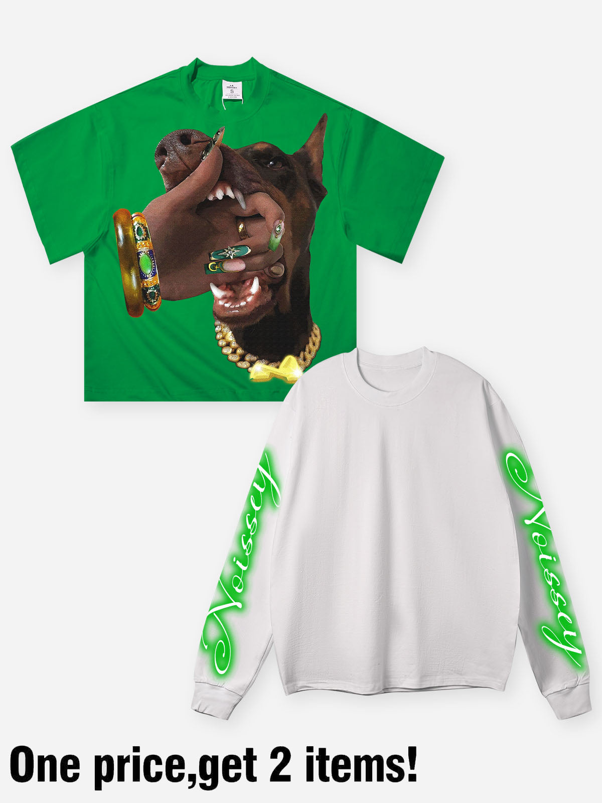 NOISSEY "Cyber Doberman" Double-Sleeve Graphic Sweatshirt - Vibrant Green