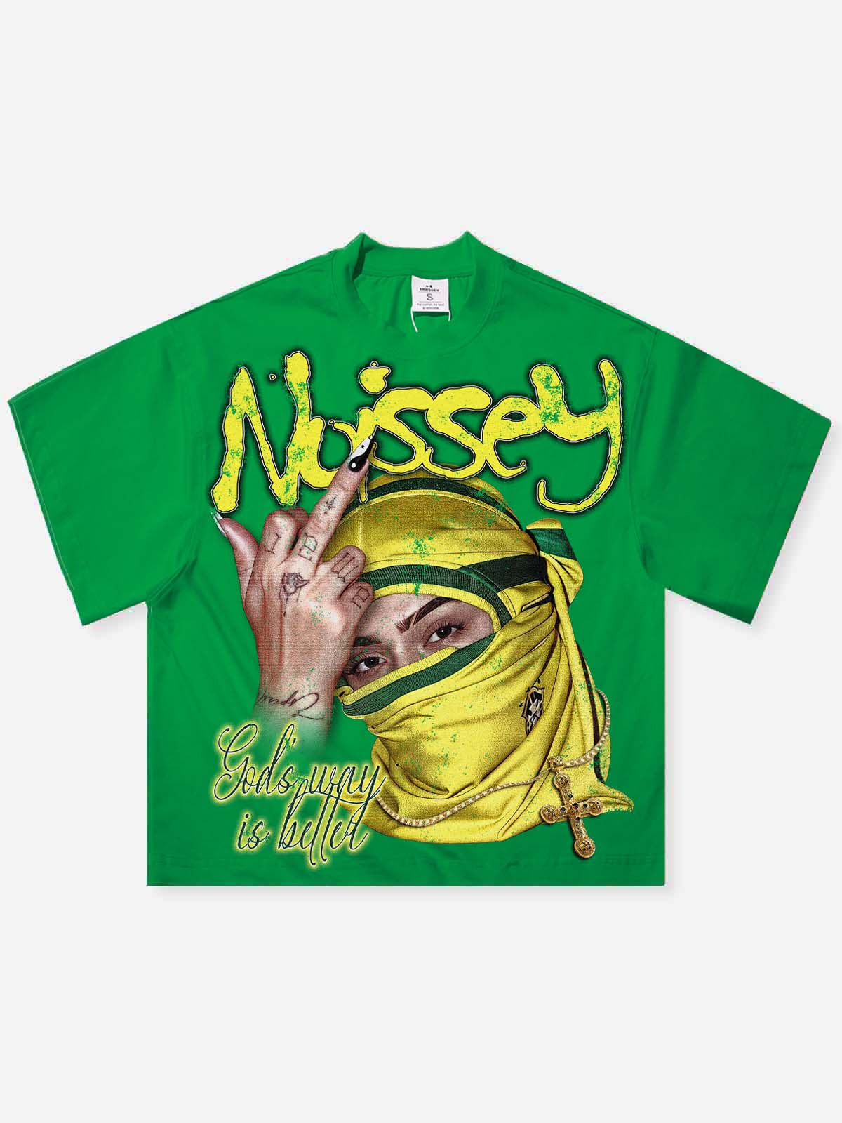 NOISSEY "God's Way" Masked Graphic Tee - Vibrant Street Green