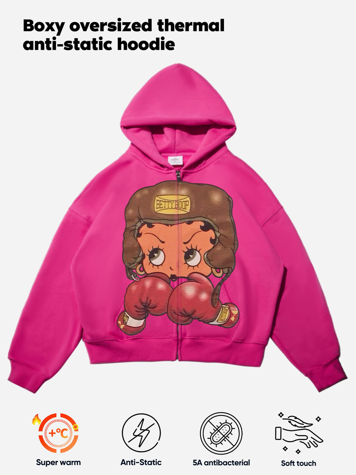 Vintage Betty Boop Boxing Graphic Hoodie - Y2K Aesthetic Boxy Zip-Up