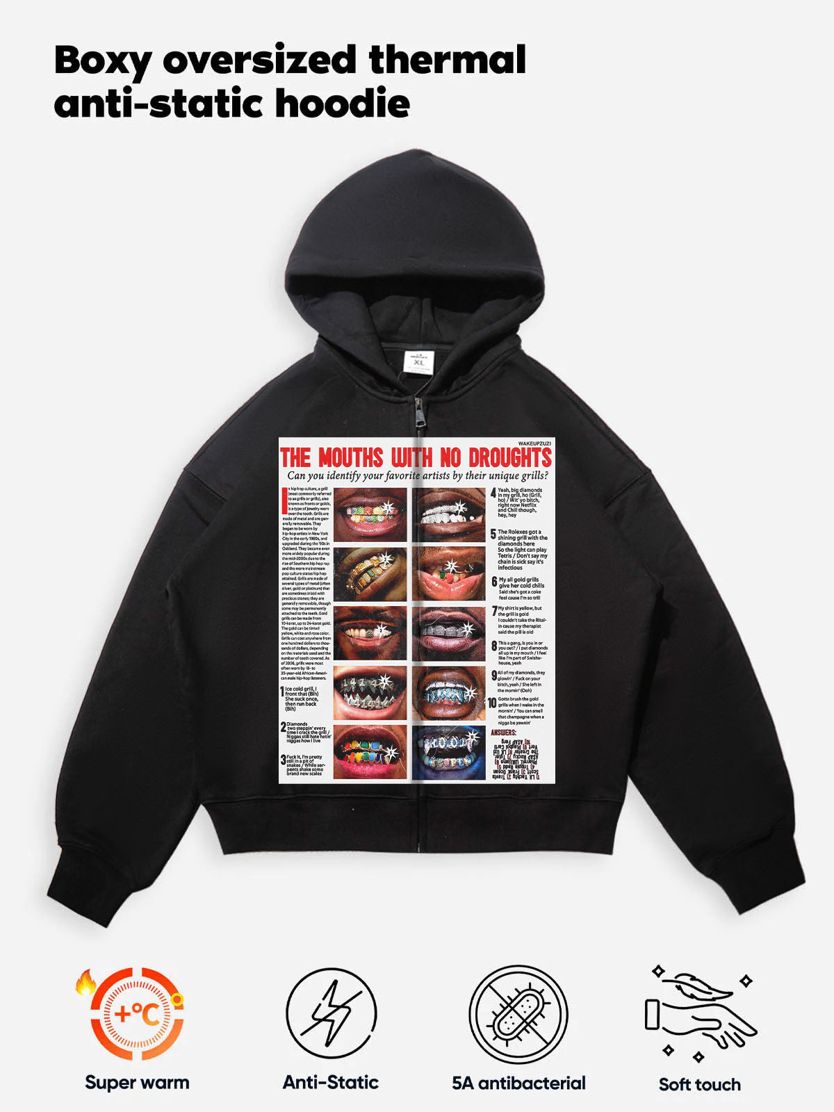Magazine-style Black Print Boxy Hoodie