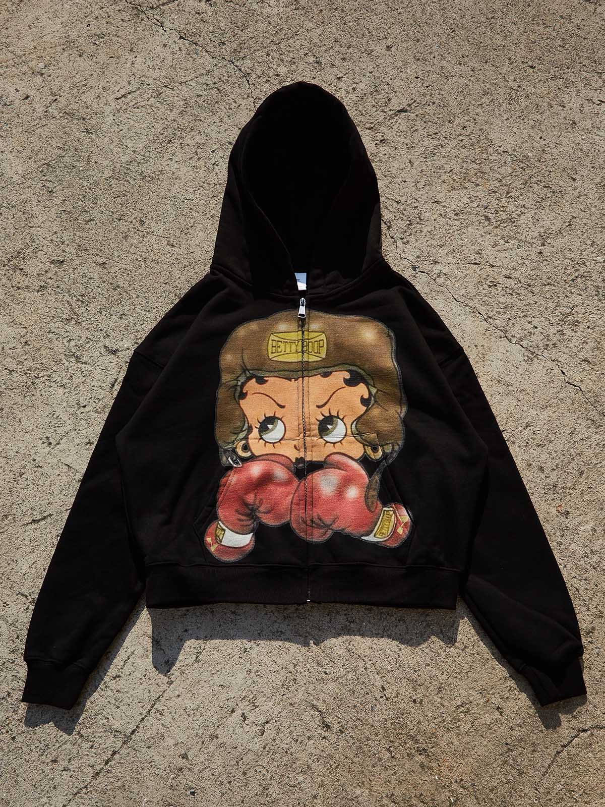 Vintage Betty Boop Boxing Graphic Hoodie - Y2K Aesthetic Boxy Zip-Up