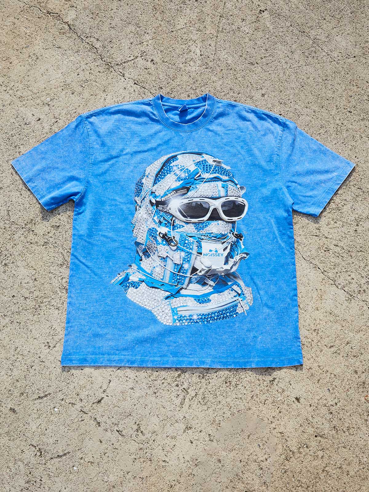 NOISSEY "Iced Out" Effect Balaclava Graphic Tee - Blue Wash