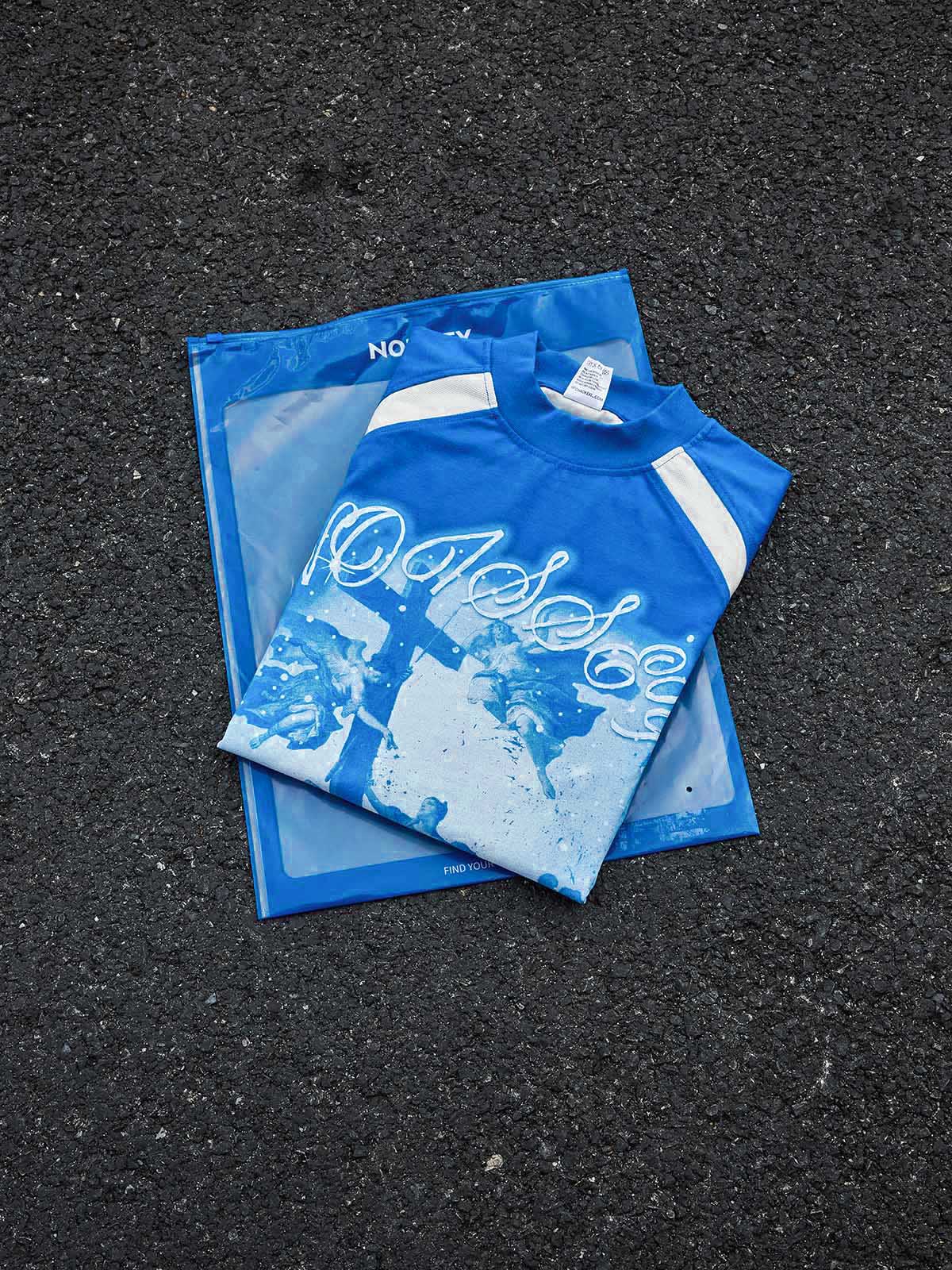 "TRUST GOD’S PLAN" CYANOTYPE SHIMMER TEE – VINTAGE BLUE OVERSIZED STREETWEAR