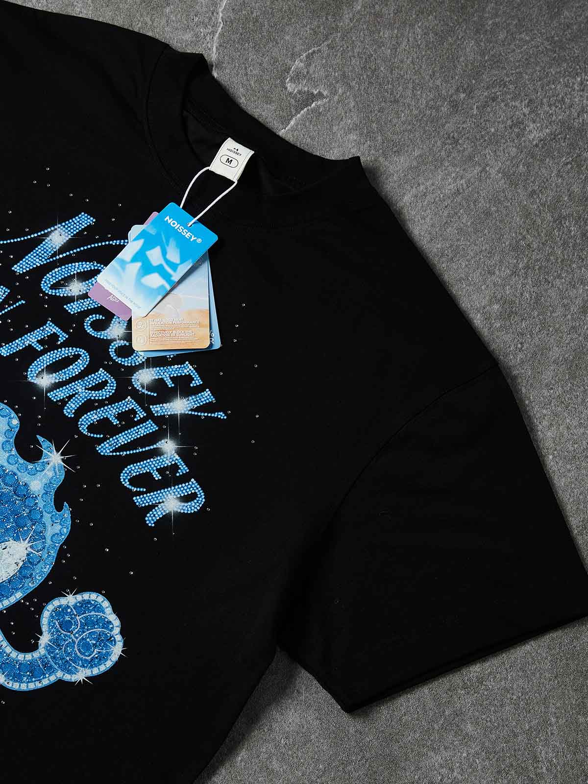 NOISSEY "RUN FOREVER" Blue Rhinestone Graphic Heavyweight T-Shirt - Black 255G Oversized