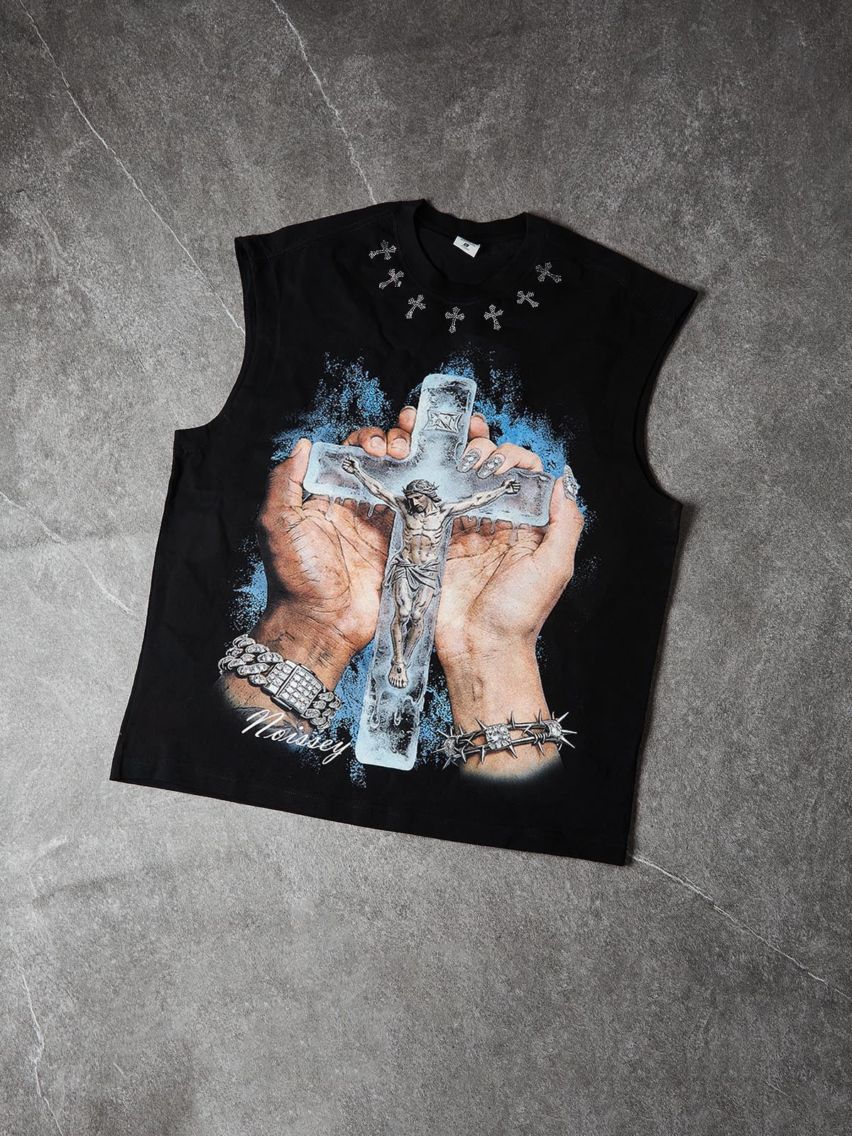 NOISSEY "FROZEN FAITH" ICED JESUS CRUCIFIX GRAPHIC TANK TOP