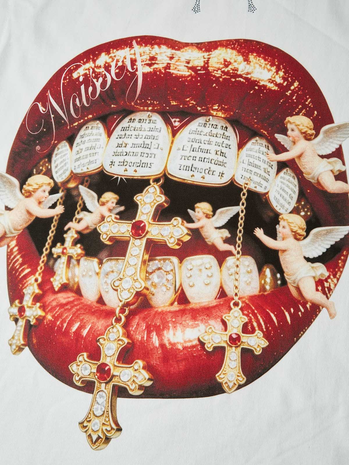NOISSEY "DIVINE KISS" ANGELIC CROSS ICED OUT RED LIPS GRAPHIC TANK TOP