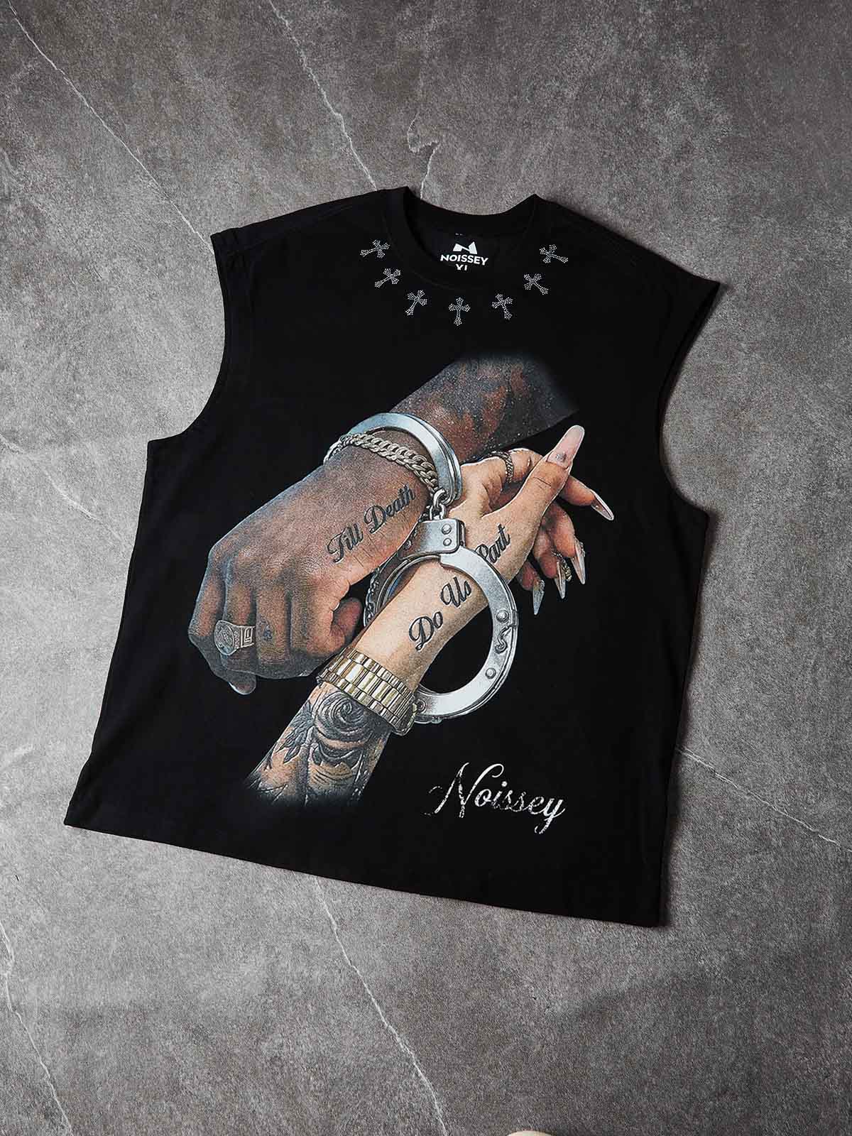 NOISSEY "TILL DEATH DO US PART" COUPLE ART PRINT TANK TOP WITH RHINESTONE DETAILS