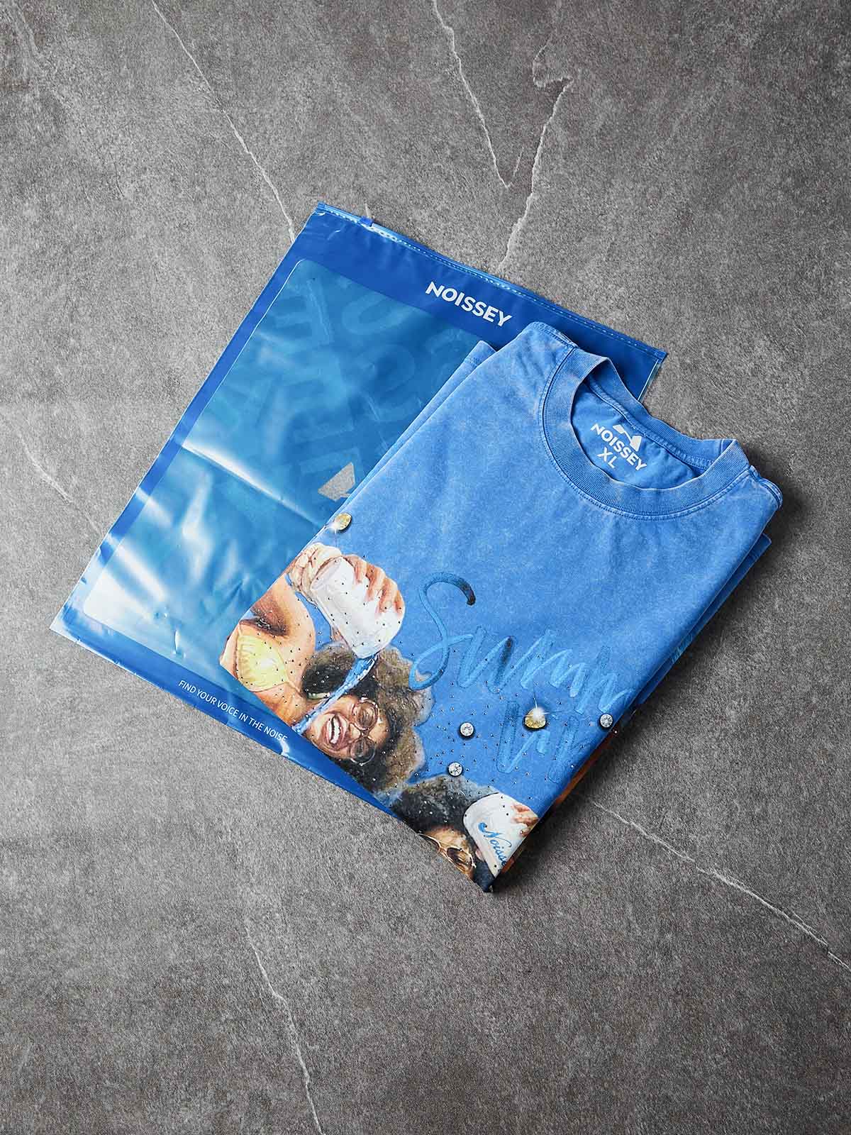 NOISSEY "Summer Vibes" Graphic Art Washed Distressed Rhinestone Heavyweight T-Shirt