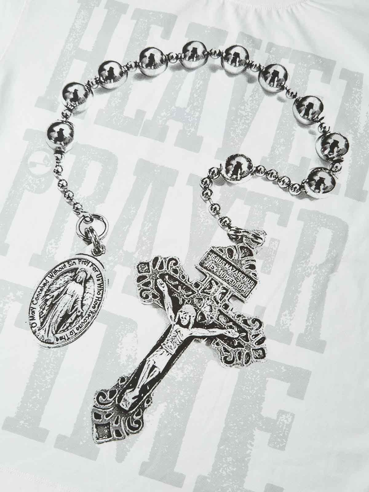 NOISSEY "Heaven Prayer Time" Rosary Graphic Little Oversize Tee - White