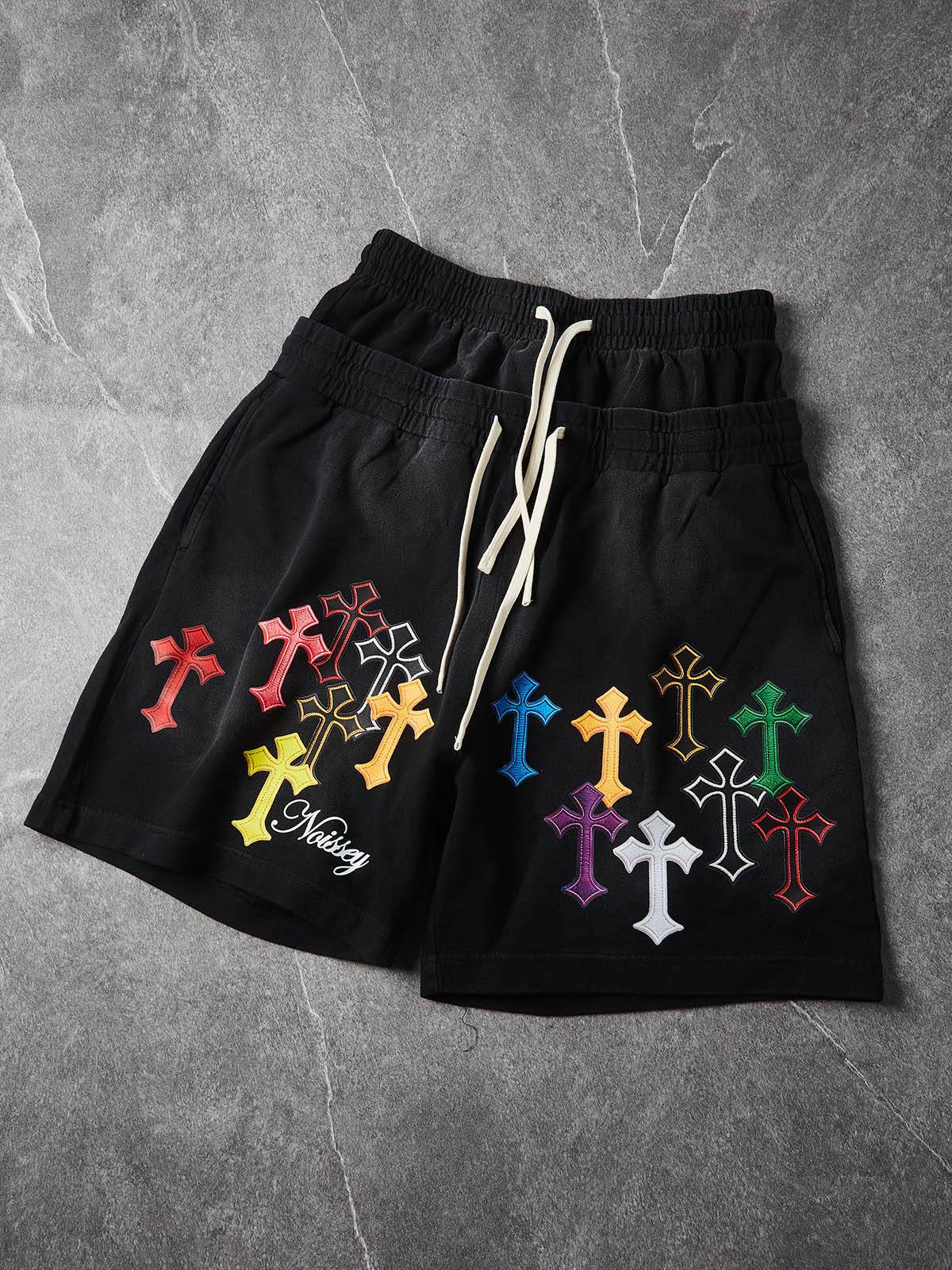 NOISSEY "Sacred Cross" Wide-Leg Vintage Wash Heavyweight Shorts - Washed Black