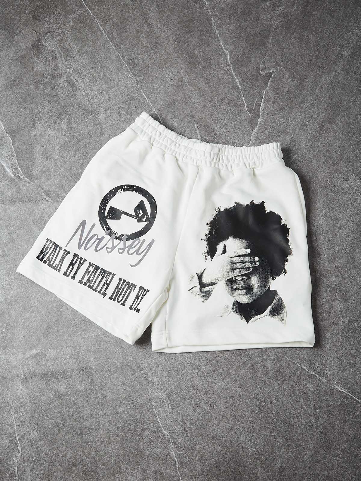 NOISSEY "WALK BY FAITH" Monochrome Graphic Artwork Relaxed Shorts - Pure White