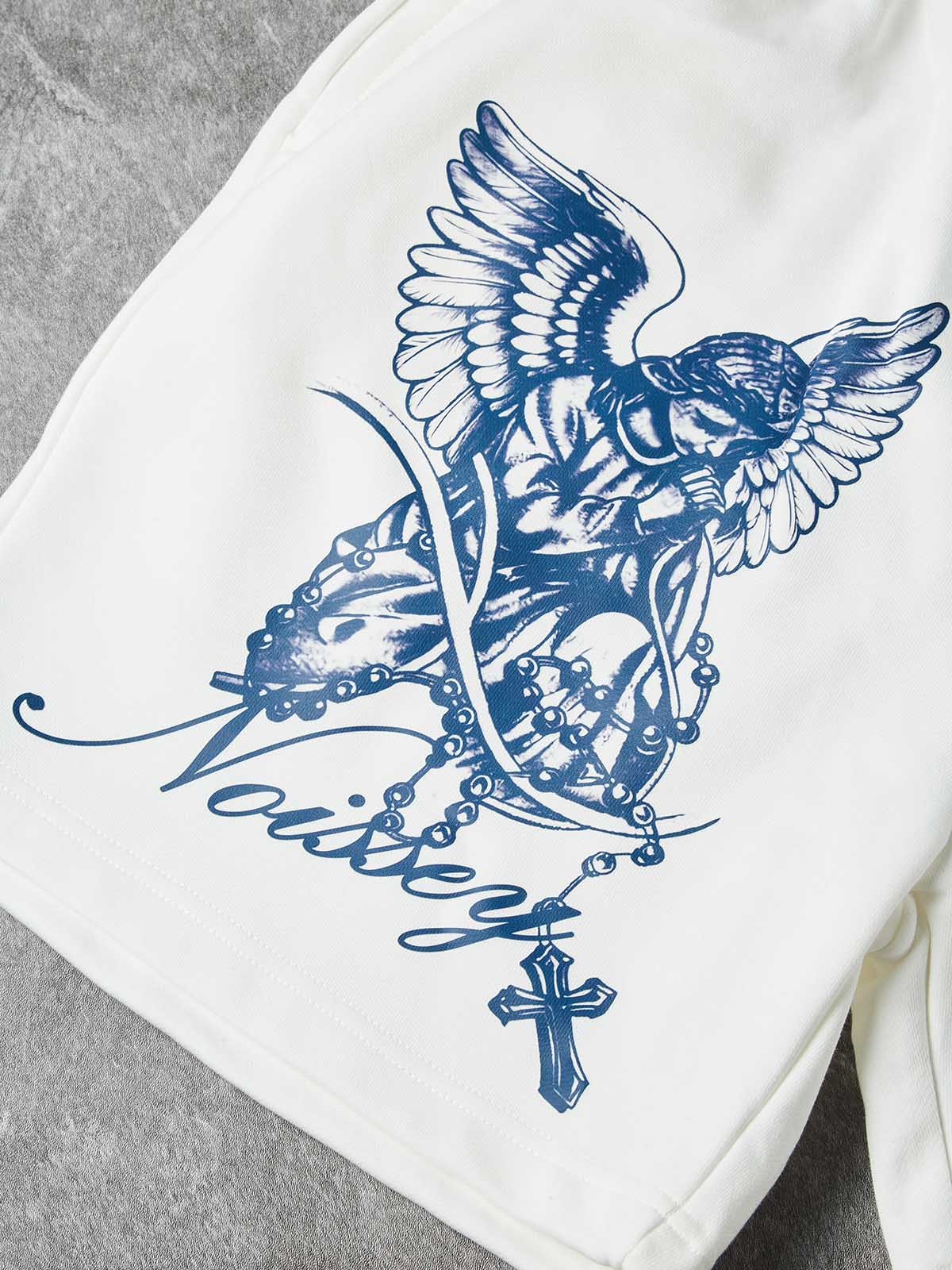 NOISSEY Praying Angel Blue Artwork Relaxed Sweat Shorts - Arctic White