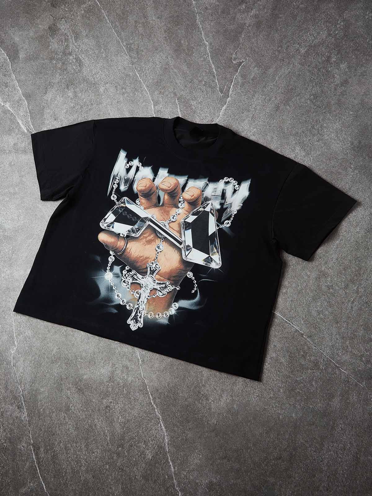 NOISSEY "Holy Drip" Crystalline Cross & Prayer Hand Boxy Heavyweight Art Tee - Onyx Black