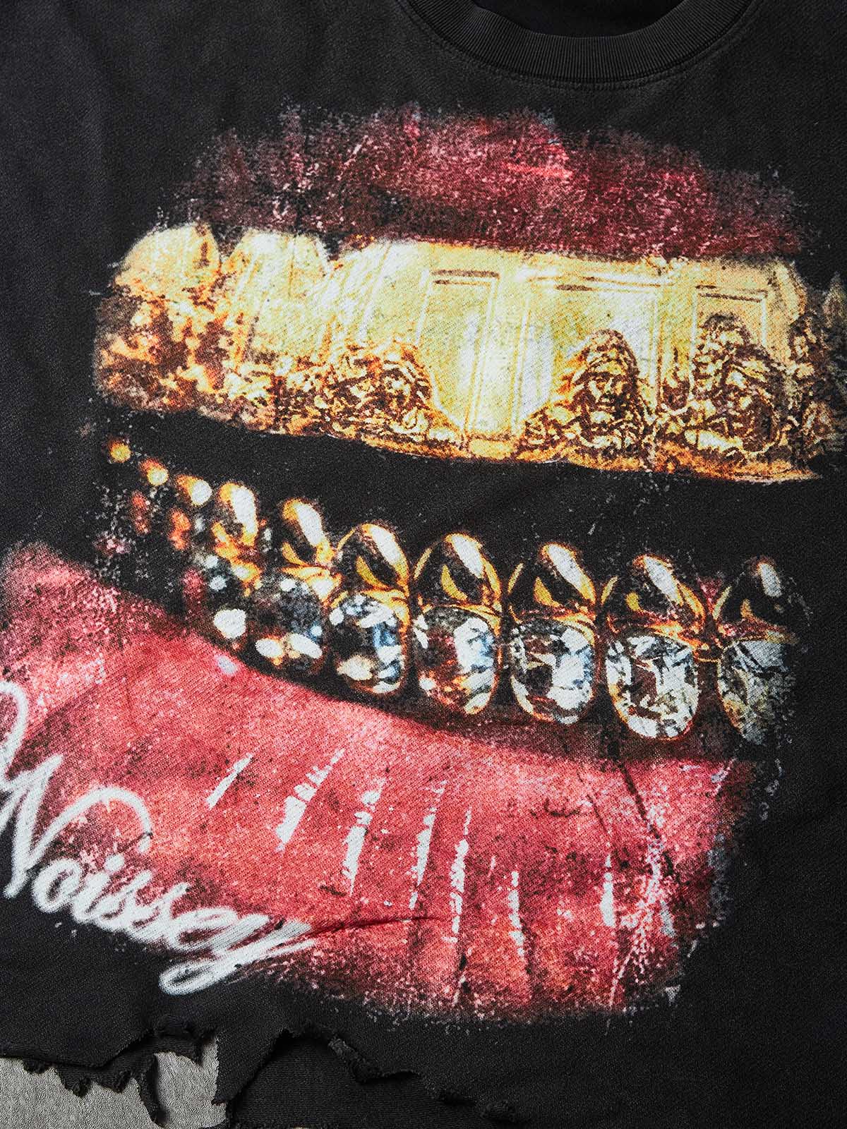NOISSEY The Last Supper Grills & Lips Distressed Boxy T-Shirt - Washed Black