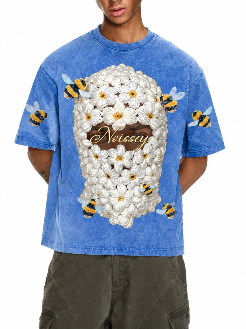 NOISSEY "Stardust Daisy" Mask Graphic Tee - Premium Mineral Wash Blue
