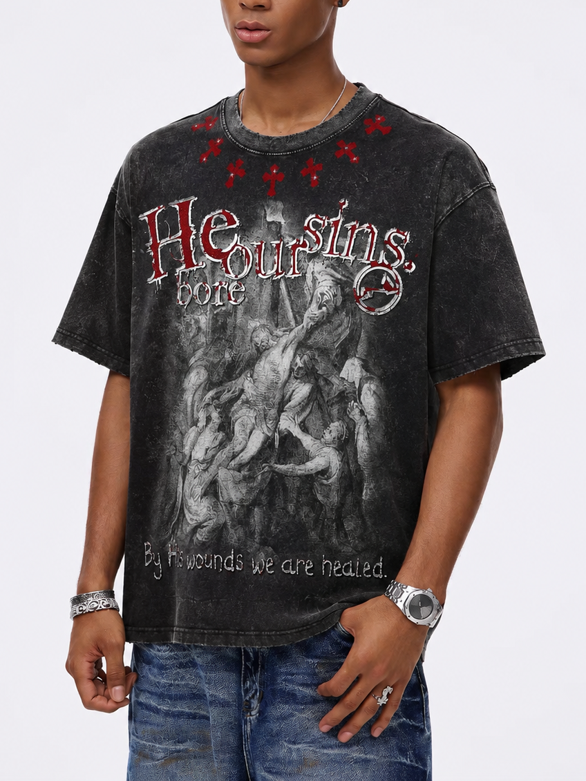 NOISSEY "He Bore Our Sins" Graphic Tee - Vintage Acid Wash Black
