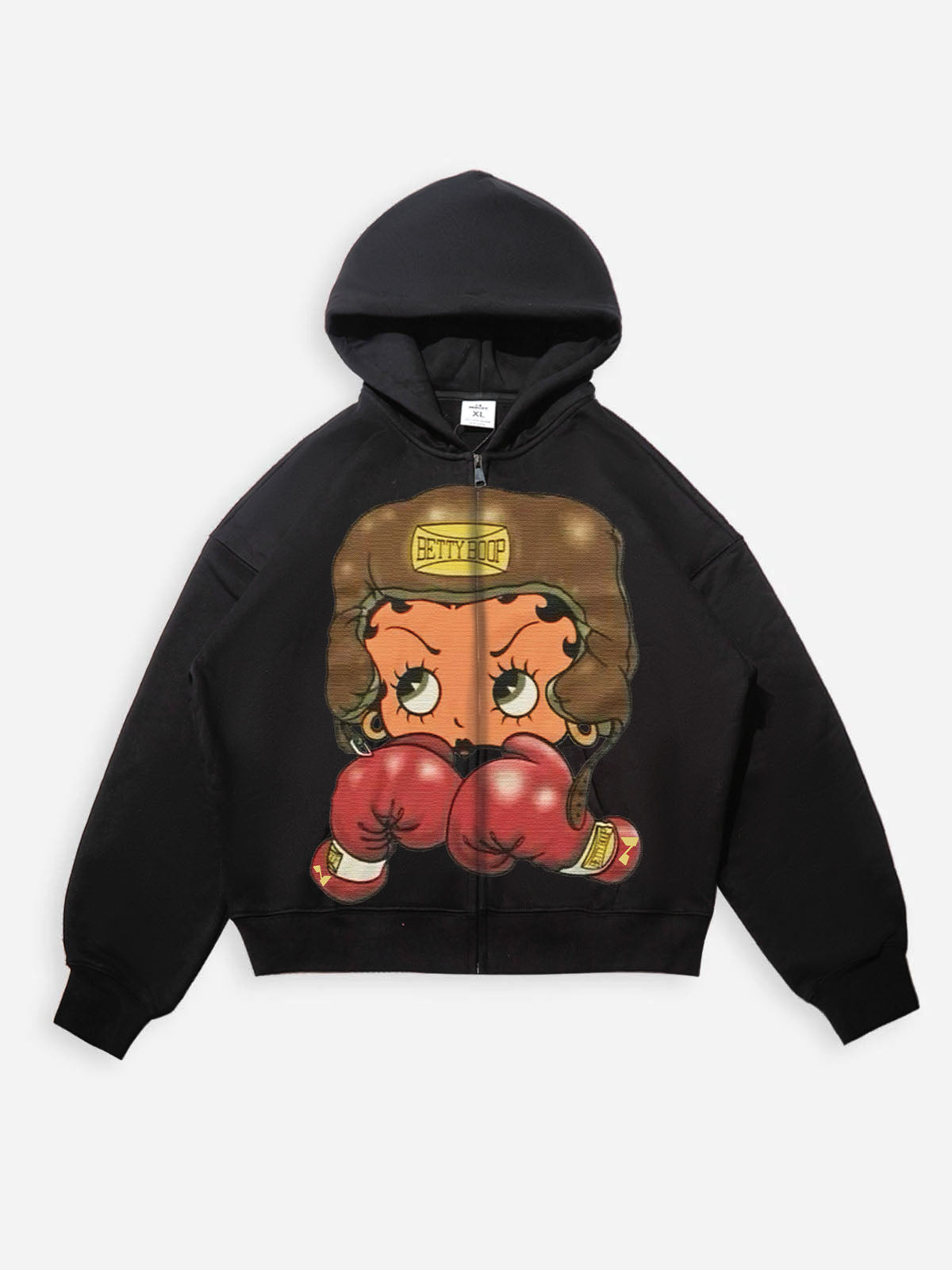 Vintage Betty Boop Boxing Graphic Hoodie - Y2K Aesthetic Boxy Zip-Up