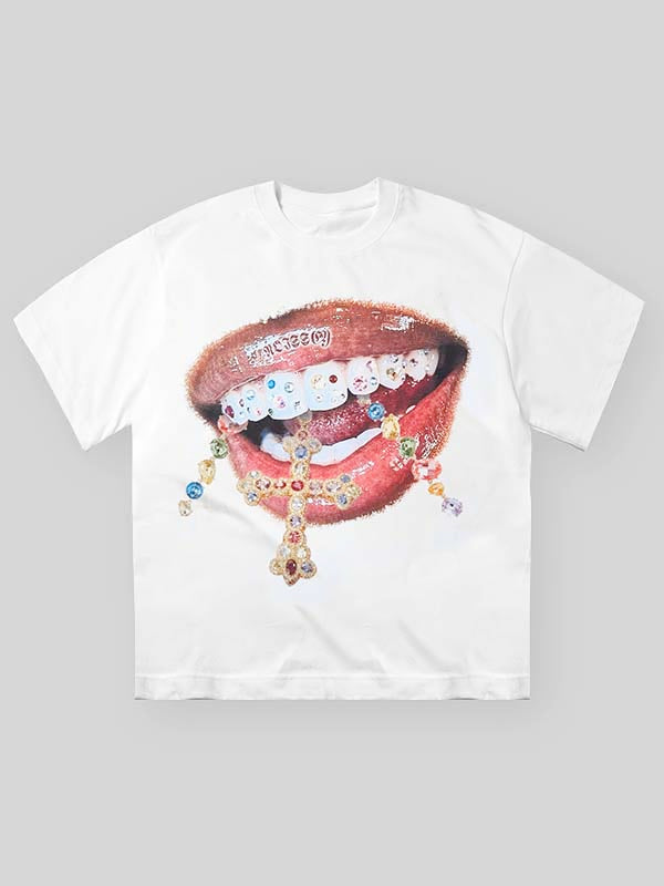 High-Quality Diamond Teeth Cross Print 350g T-Shirt